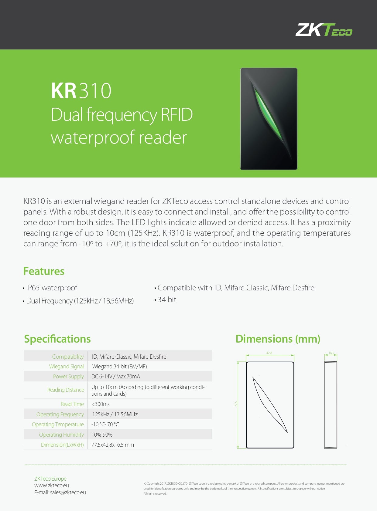 ZK Outdoor Slave Dual Frequency Reader