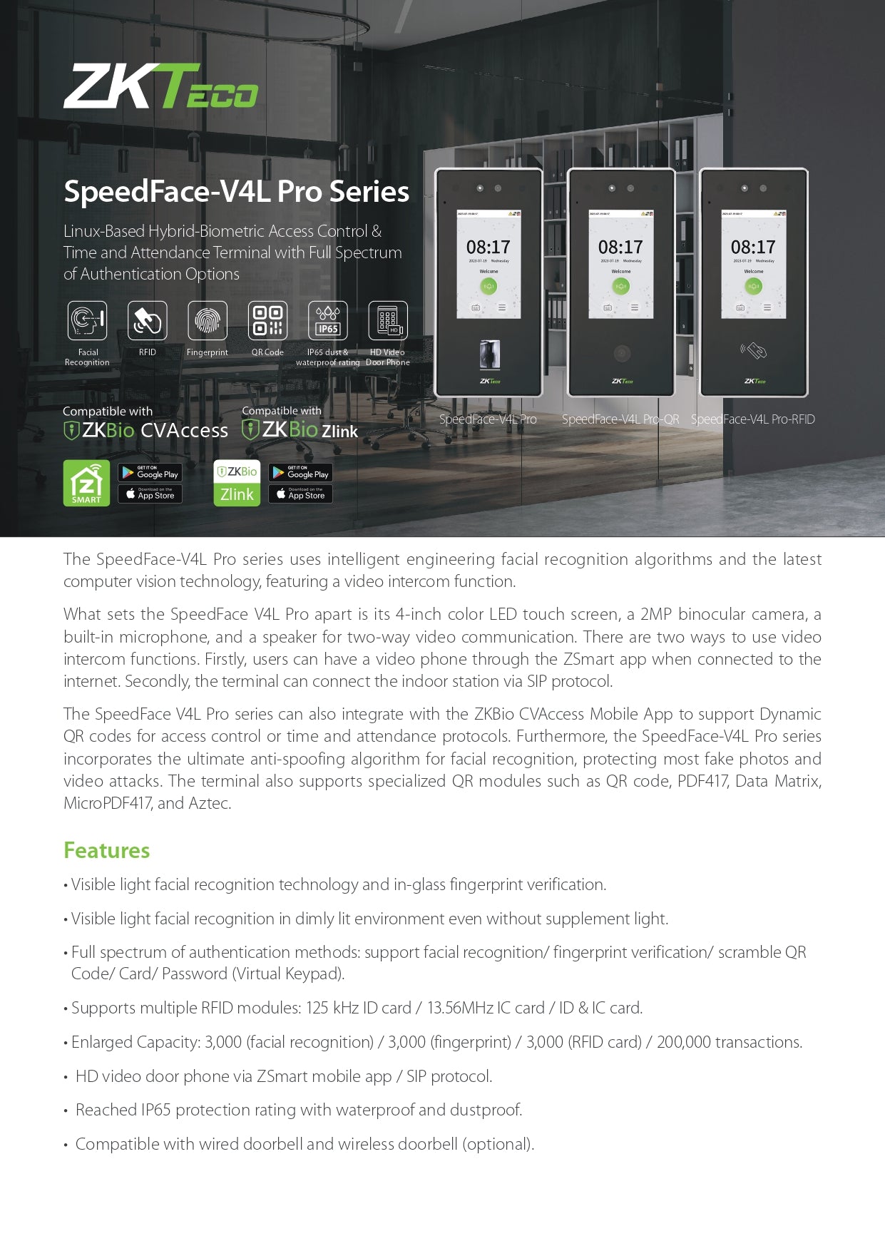 ZK Speedface V4L Pro indoor Face/Palm/Bio AC 3000