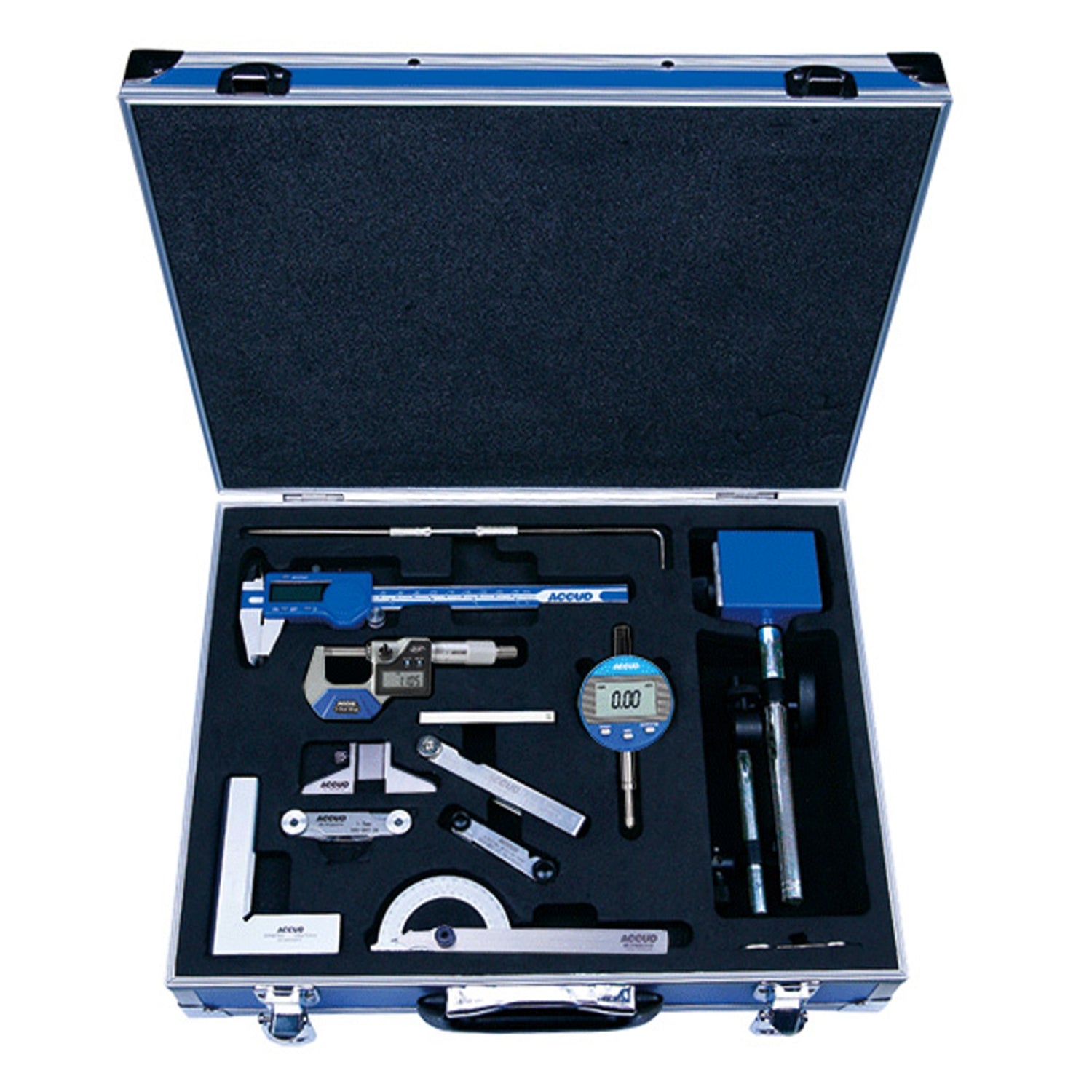 Accud 12 Pc Measuring Set Caliper Micrometer Mag. Stand 3 X Gauges Scriber De