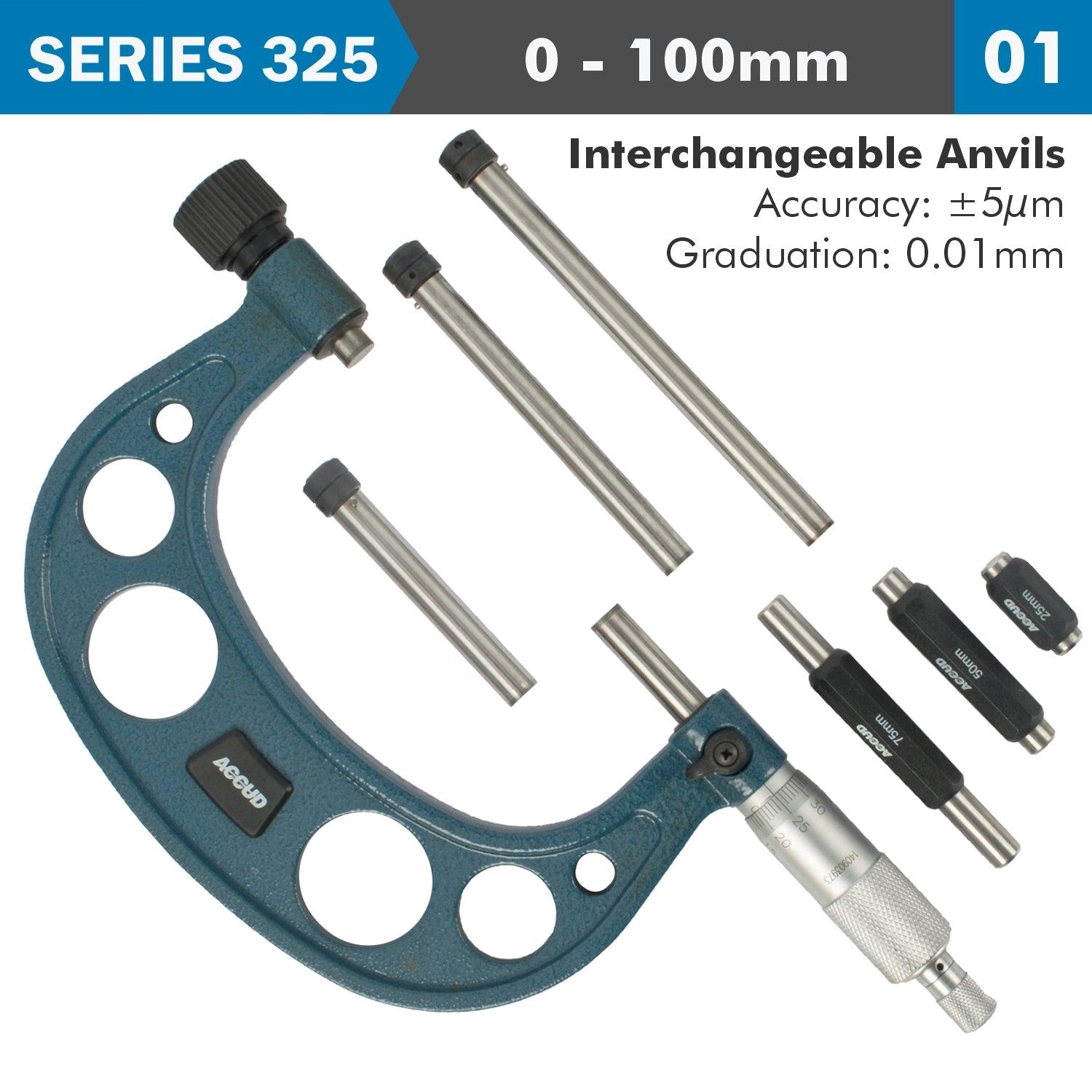 Outside Micrometer 100 Mm 0.004 Mm Acc. 0.01 Mm Grad. With Interch. Anvil - Livestainable.co.za