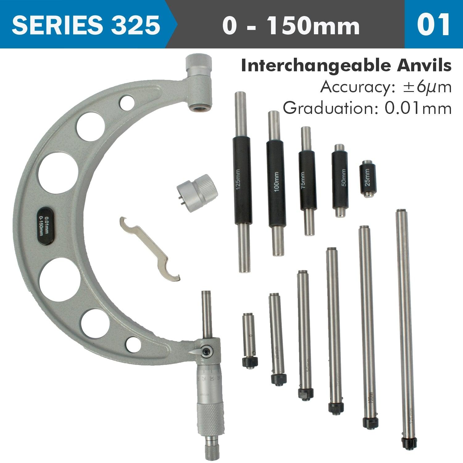 Outside Micrometer 150 Mm 0.004 Mm Acc. 0.01 Mm Grad. With Interch. Anvil - Livestainable.co.za