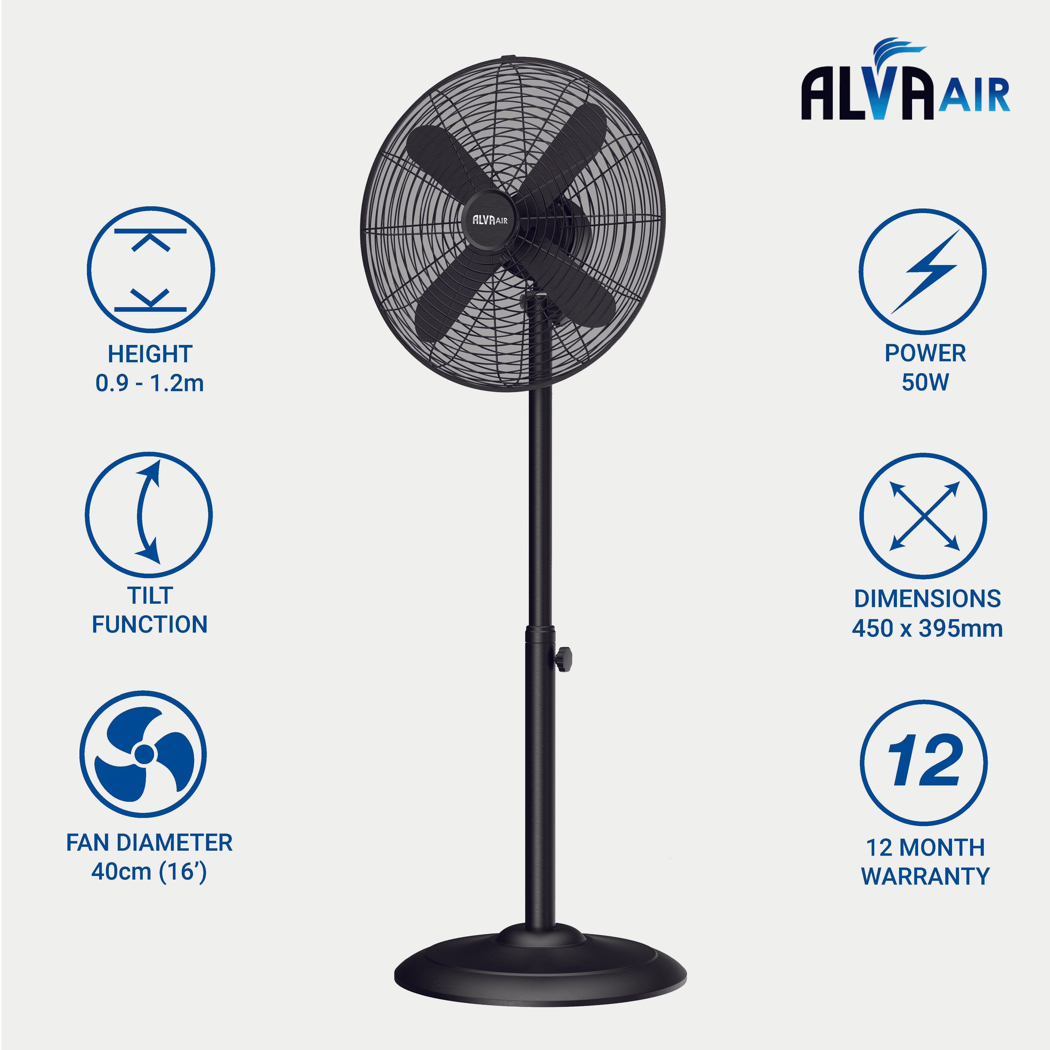 40cm Metal Telescopic Pedestal Fan 1.2 M Tall (Matte Black)