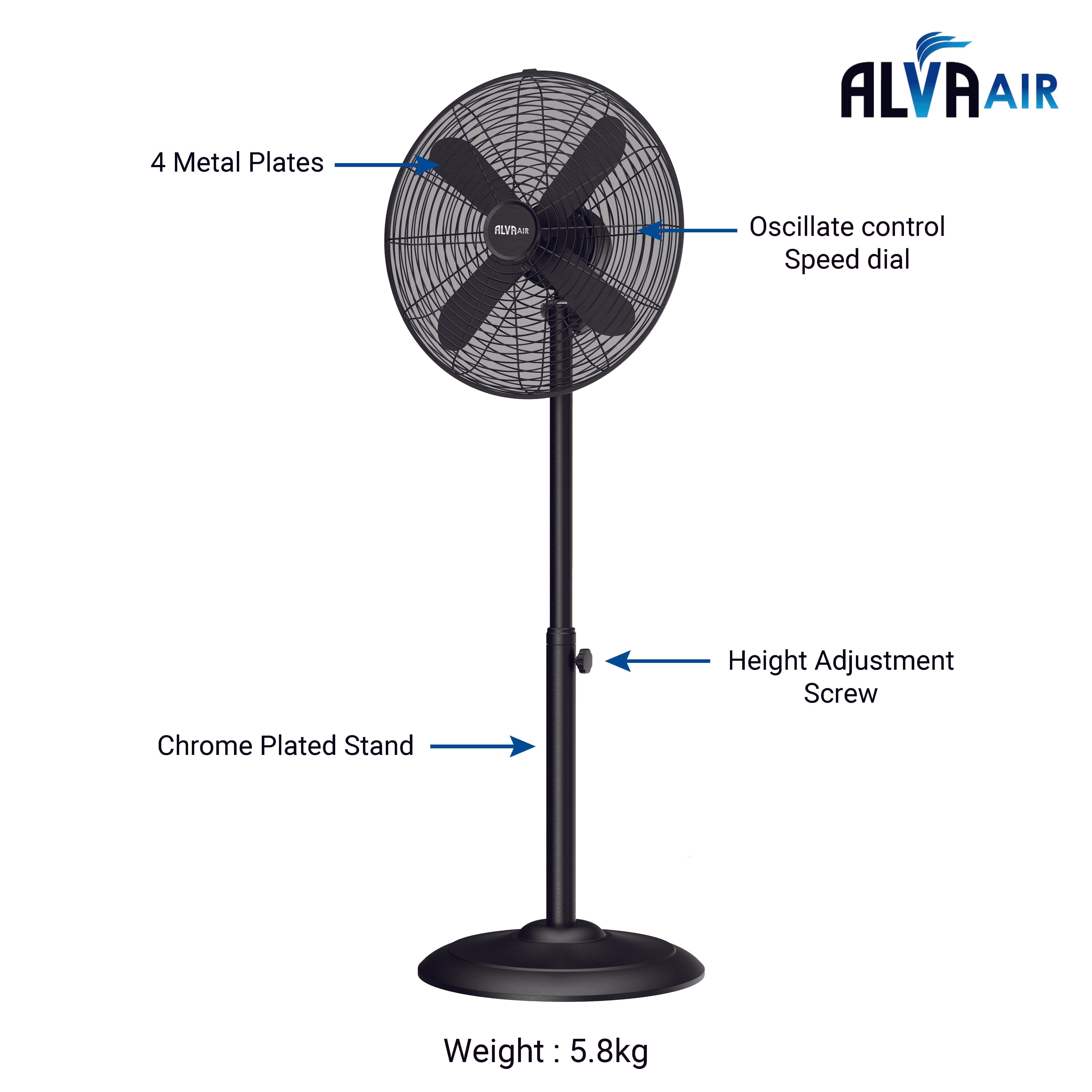 40cm Metal Telescopic Pedestal Fan 1.2 M Tall (Matte Black)