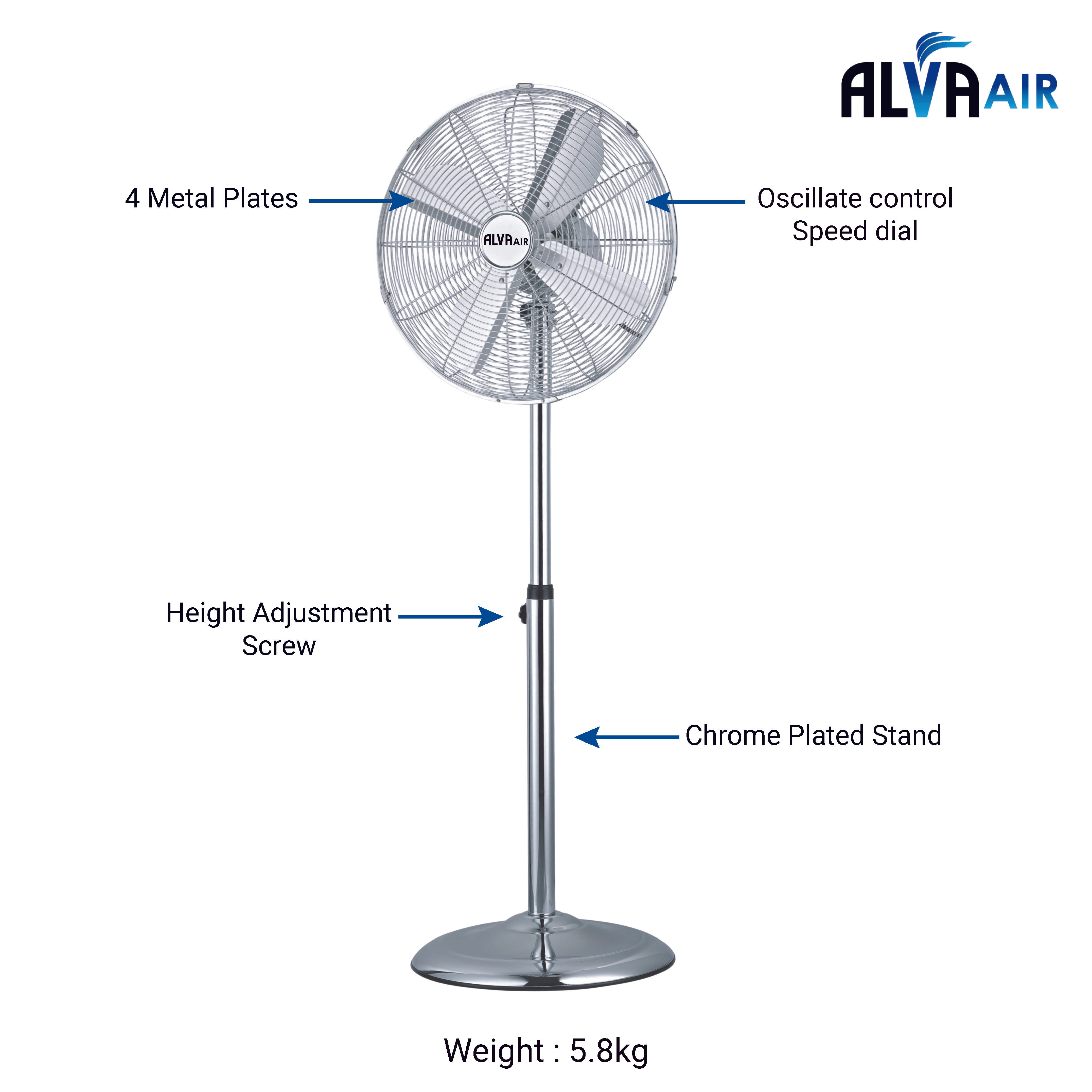 40cm Chrome Telescopic Pedestal Fan 1.2 M Tall (Silver)