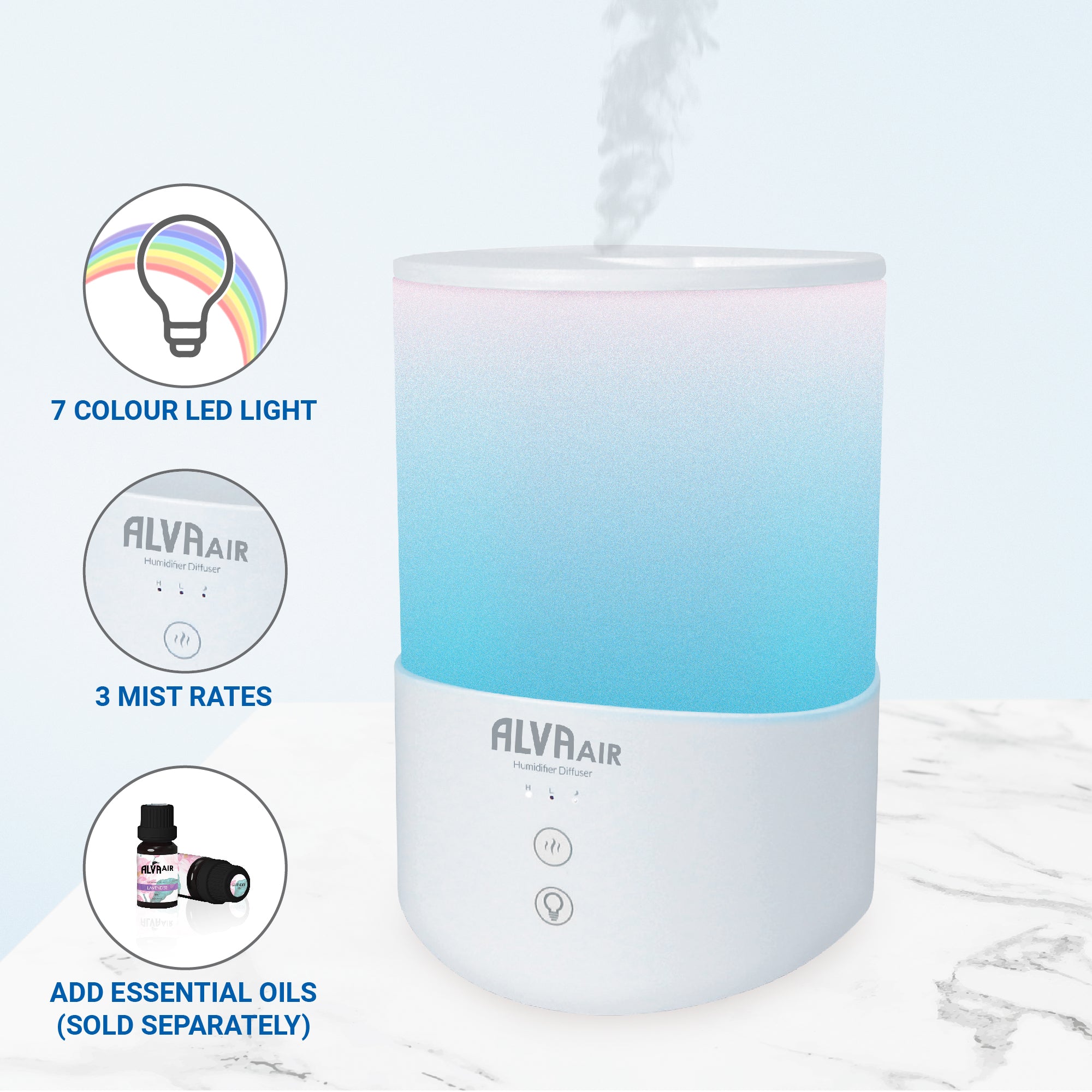 ALVA AIR - ULTRASONIC HUMIDIFIER (DIFFUSER) & 9PC ESSENTIAL OILS VALUE BUNDLE