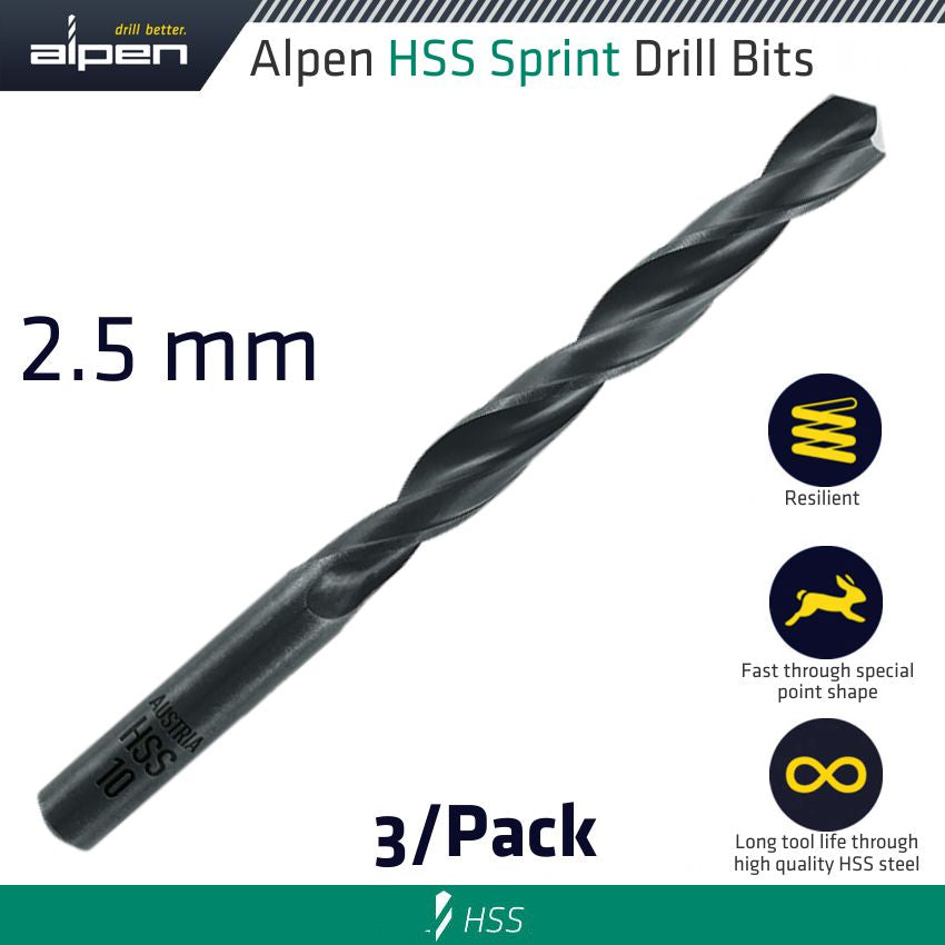 Alpen Hss Sprint Drill Bit 2.5 Mm 3/Pack
