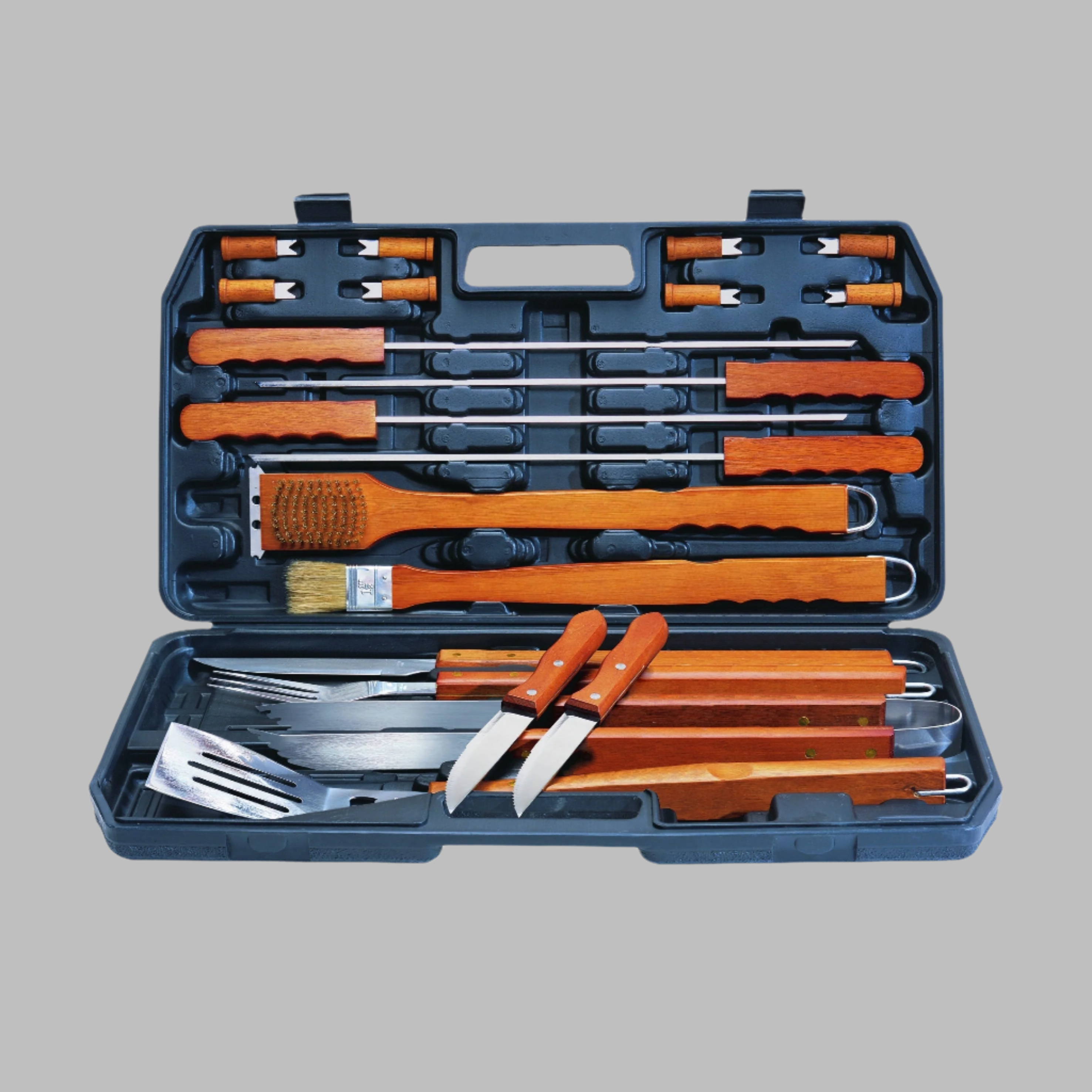 ALVA - 21PC DELUXE WOOD-HANDLED BBQ / BRAAI TOOL SET IN CARRY CASE