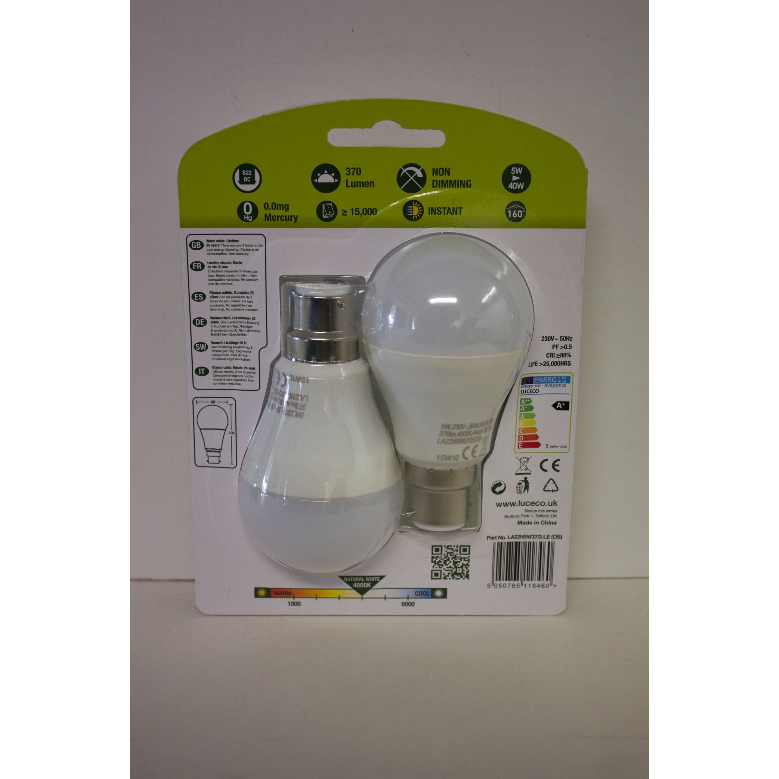 A60, 2 Pk, E27, 5 W, 370 Lm, Neutral White, 4000 K, Non Dim Led Globe