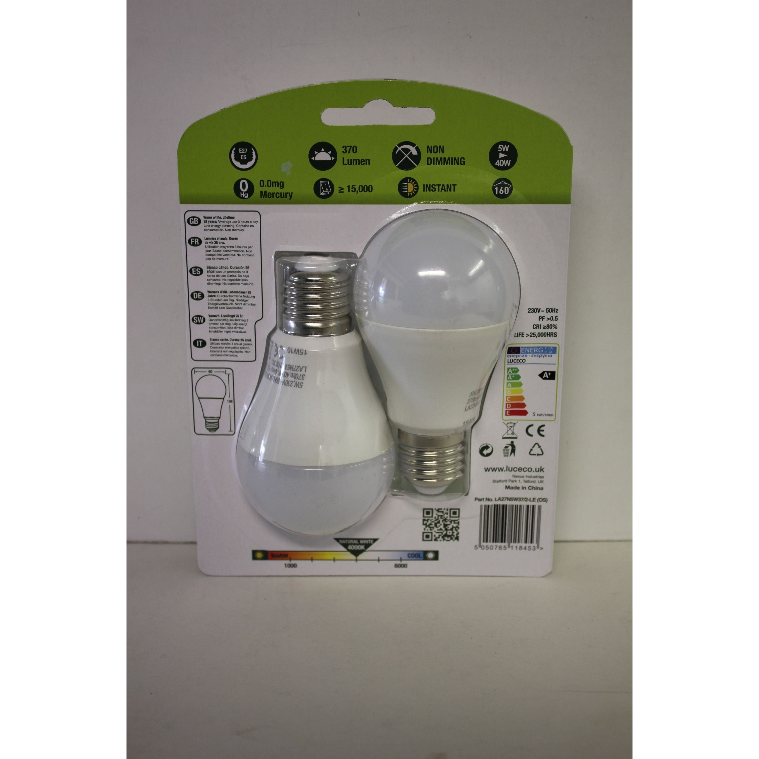 A60, 2 Pk, E27, 5 W, 370 Lm, Neutral White, 4000 K, Non Dim Led Globe