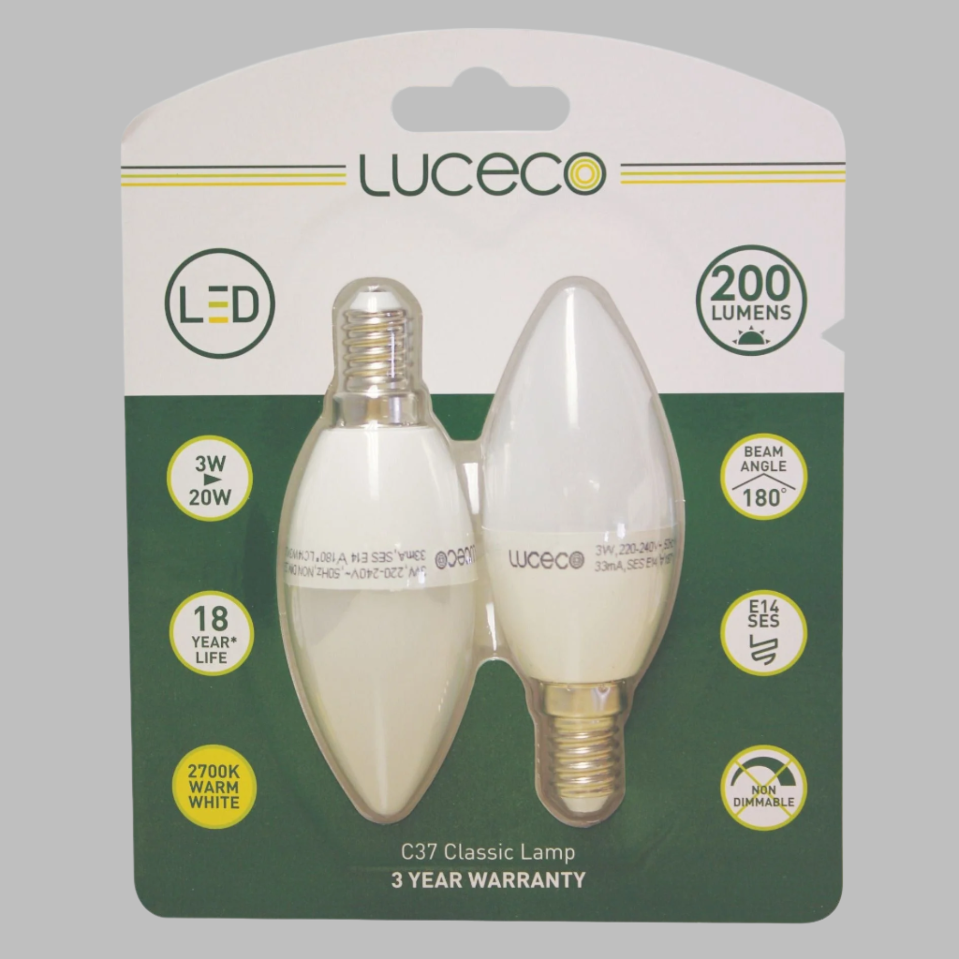 B35 Candle, 2 Pk, E14, 3 W, 250 Lm, Warm White, Non Dim Led Globe