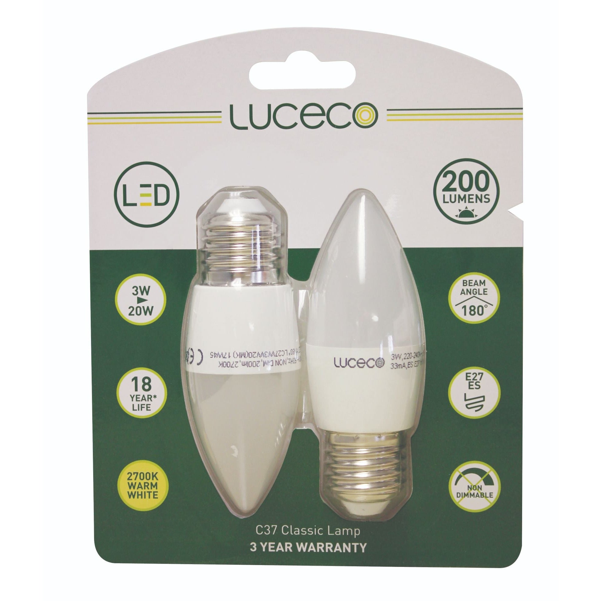 B35 Candle, 2 Pk E27, 3 W, 250 Lm, Warm White, Non Dim Led Globe