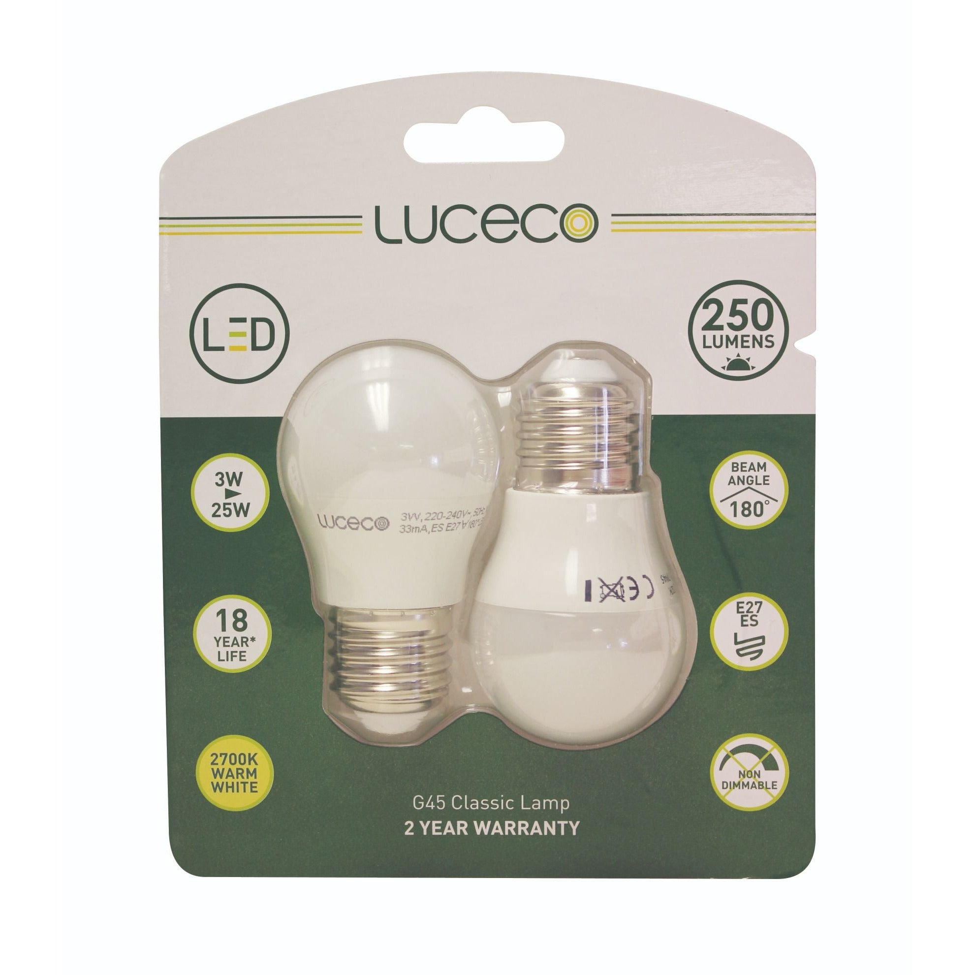 B45 Mini Globe, 2 Pk, E27, 3 W, 250 Lm, Warm Wht, Non Dim Led Globe