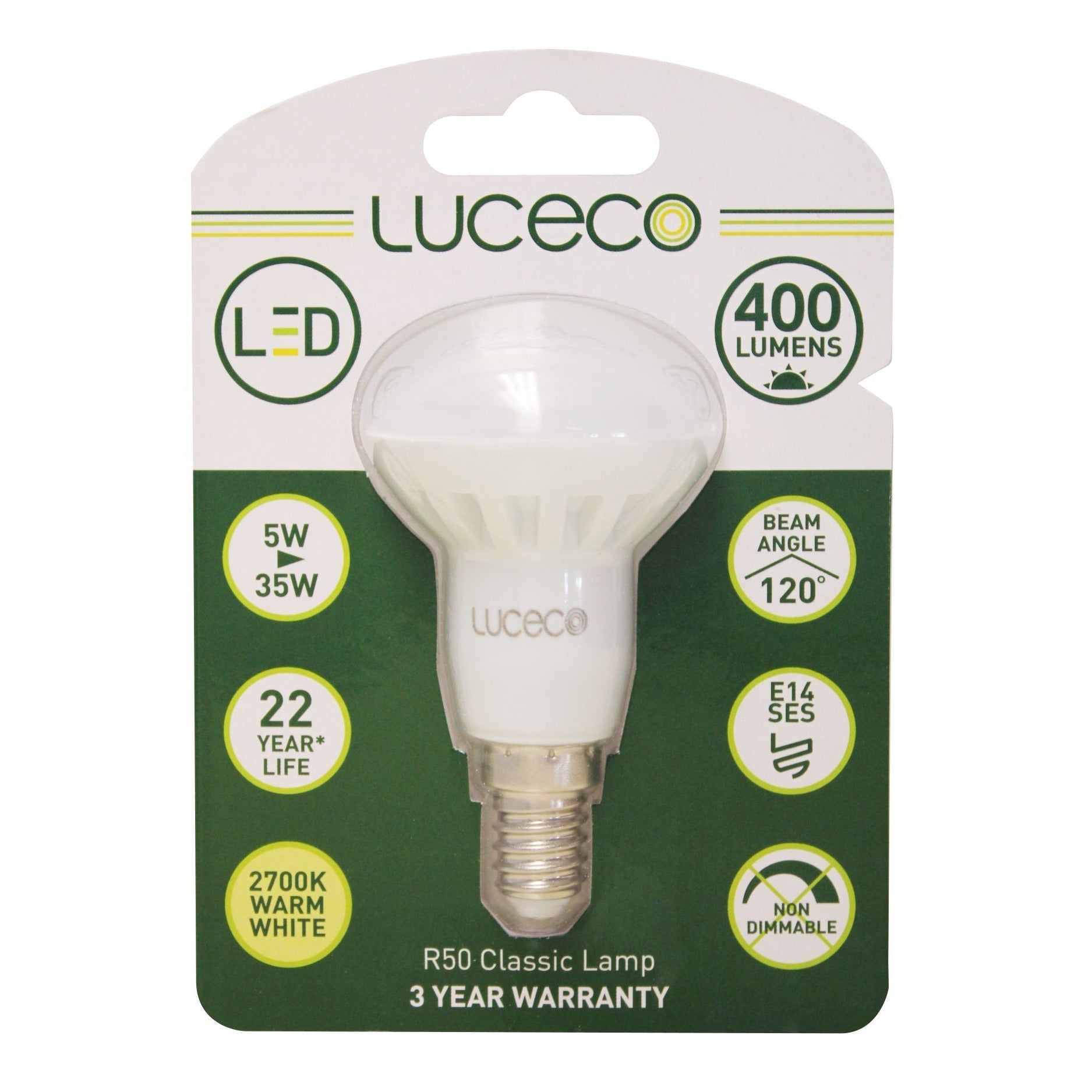 R50, 1 Pc E14, 5 W, 400 Lm, Warm White, 2700 K, Non Dim Led Globe