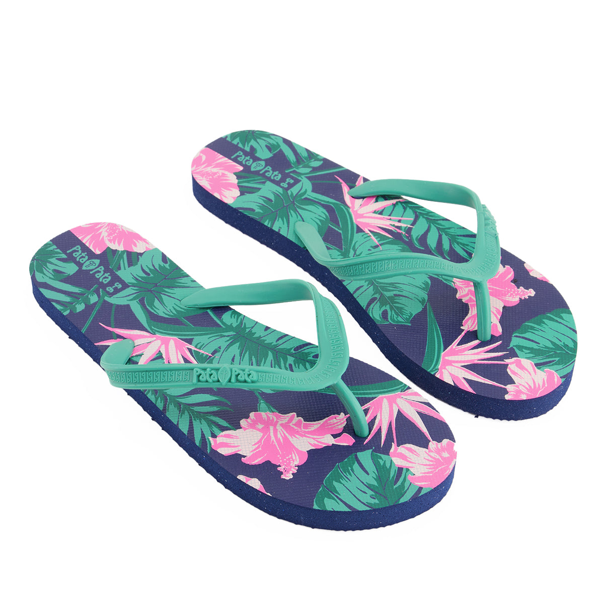 Pata Pata Ladies Flip Flops Green Floral Size 3/4