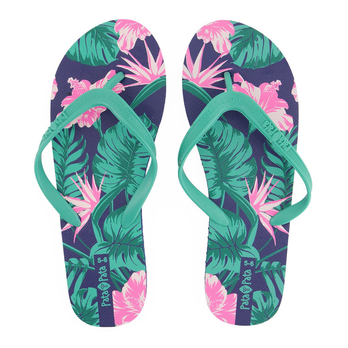 Pata Pata Ladies Flip Flops Green Floral Size 3/4