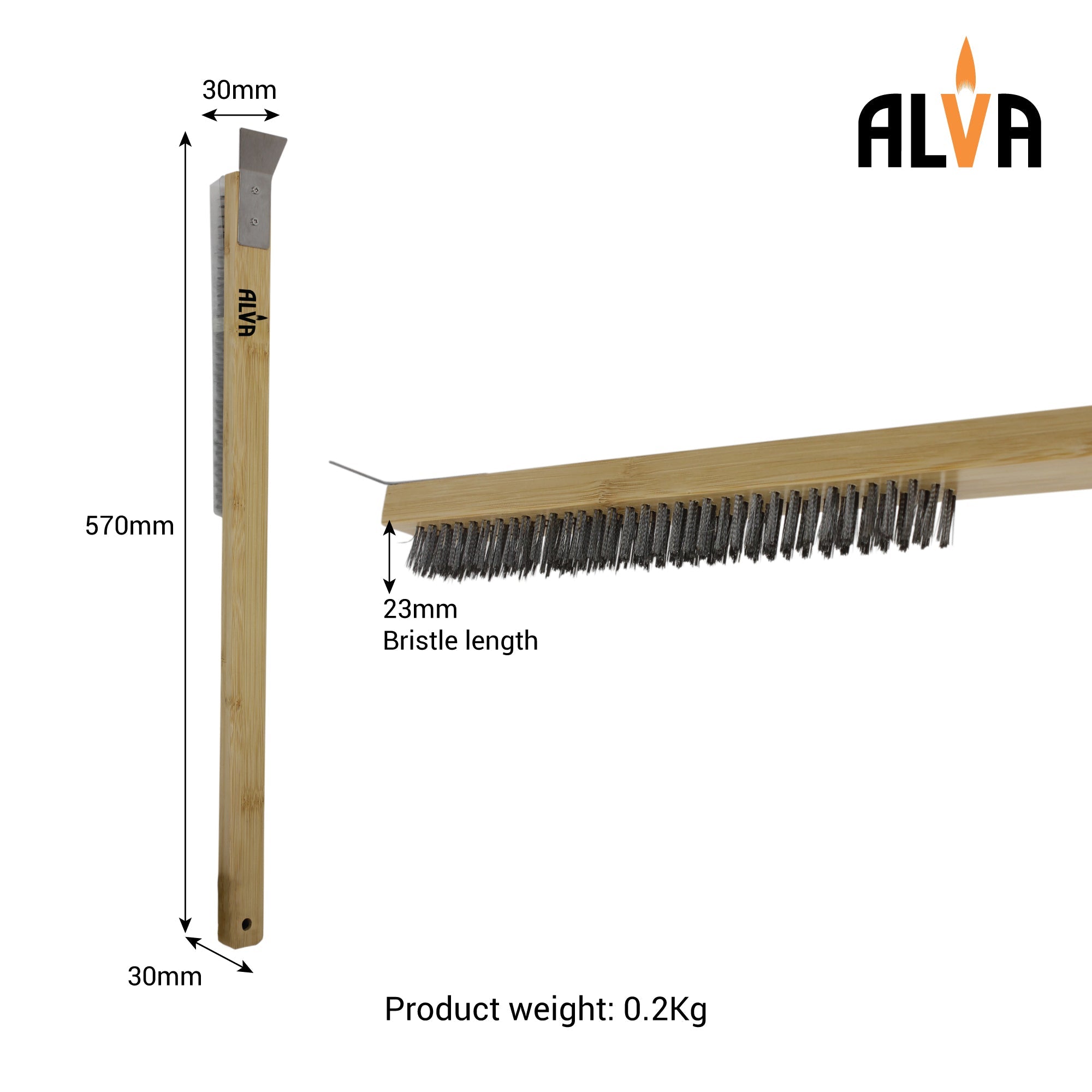Pizza Oven Metal Bristle Brush With Scraper 57cm