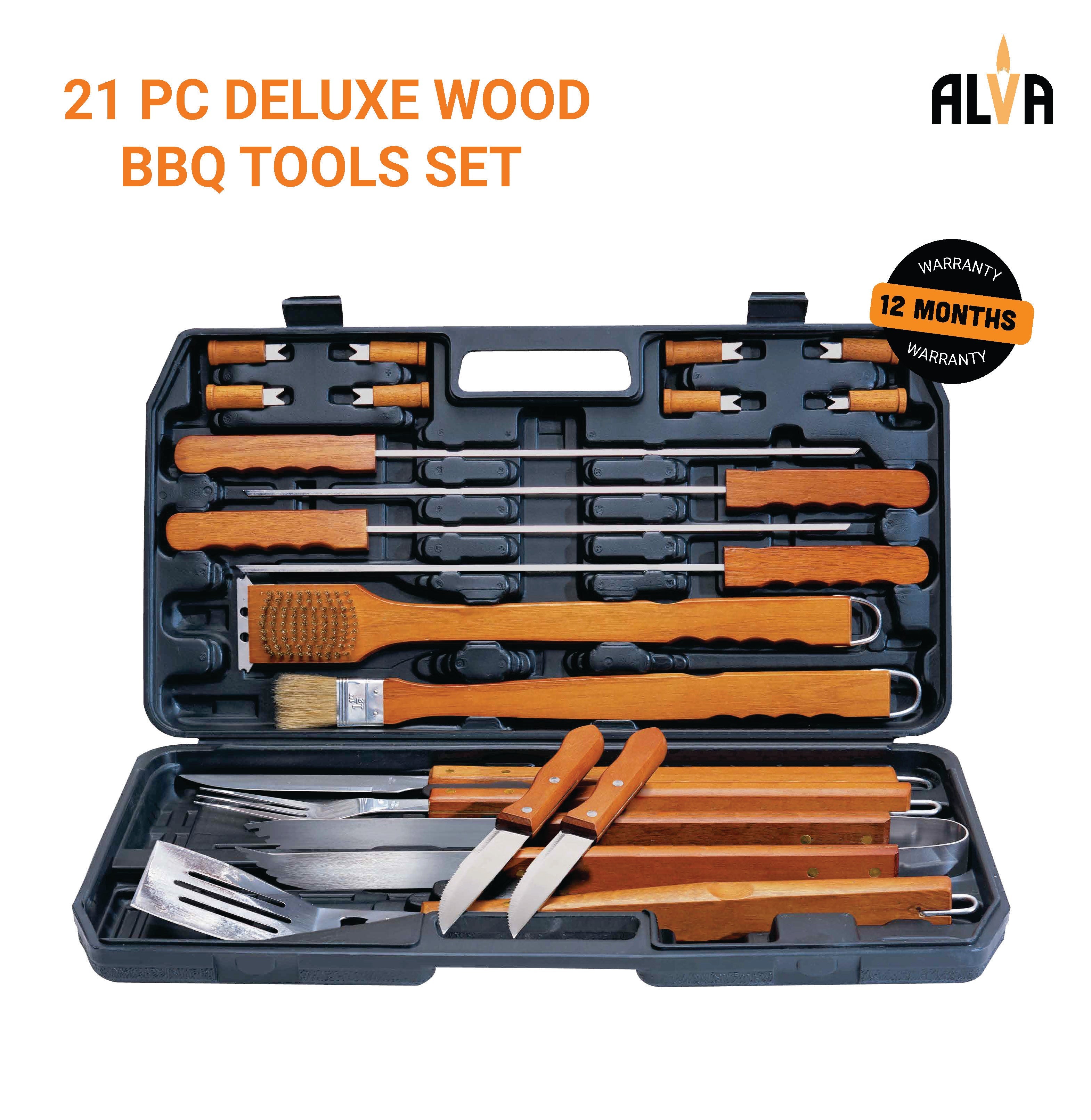 21 Pc Deluxe Wood Handled Bbq / Braai Tool Set