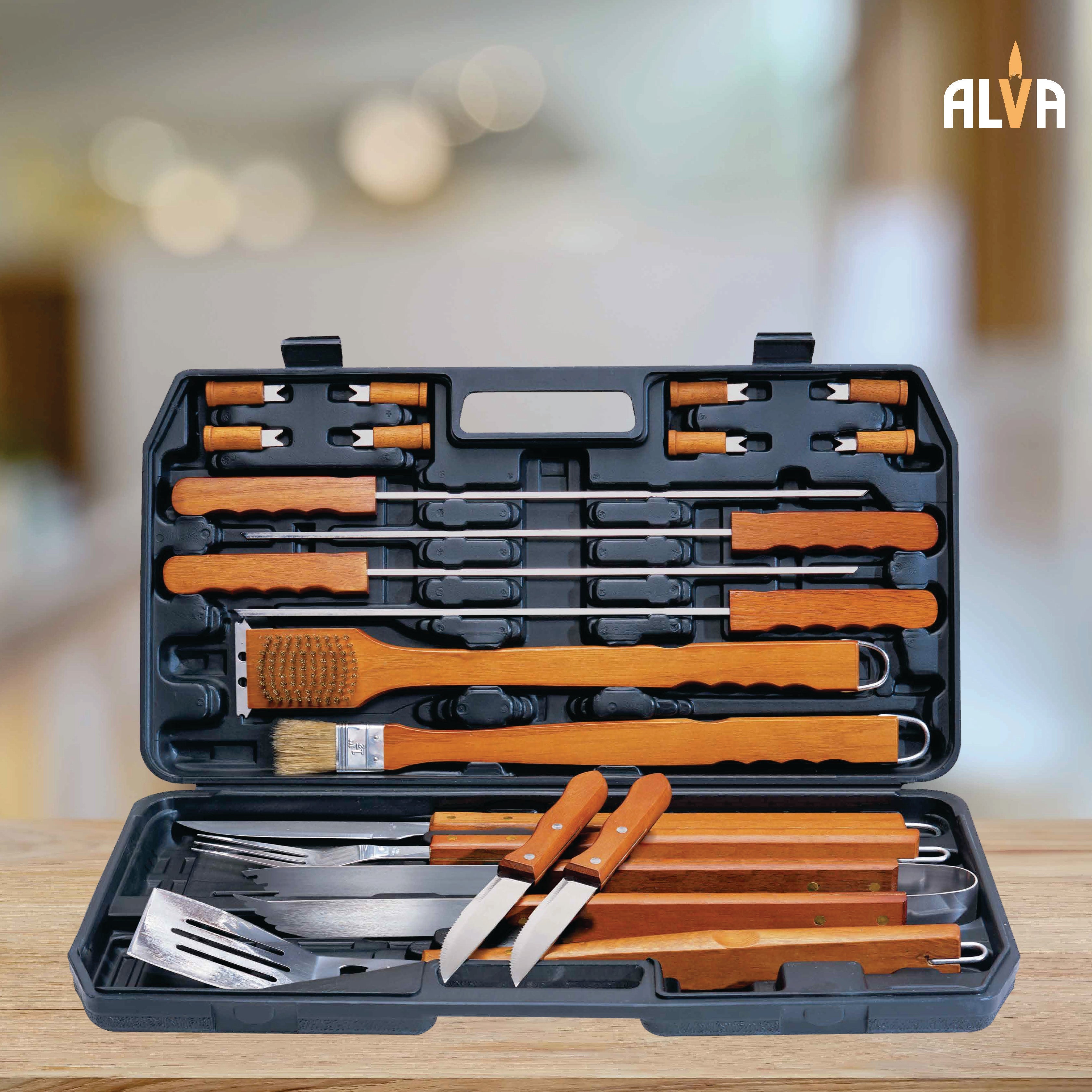 21 Pc Deluxe Wood Handled Bbq / Braai Tool Set