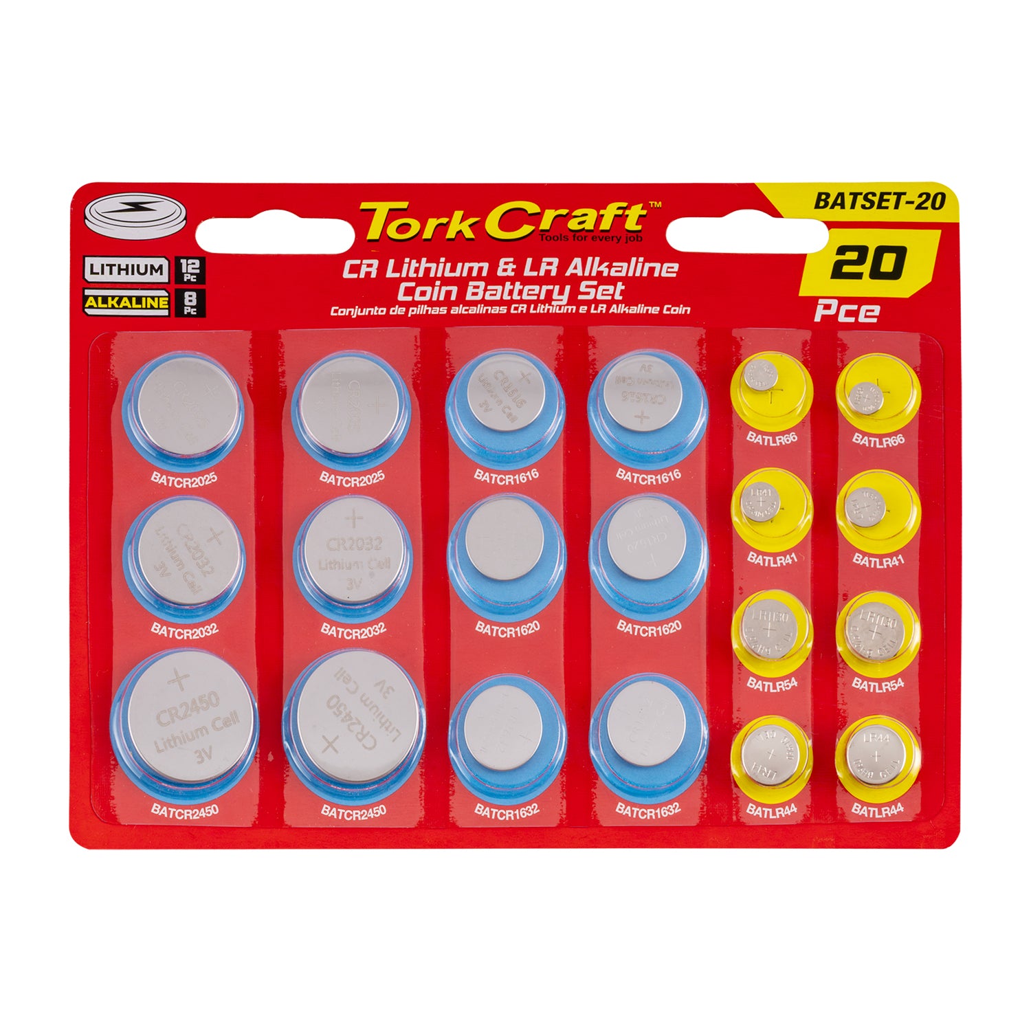 Tork Craft Coin Battery Set 20 Pc Lr Alkaline 8 Pc & Cr Lithium 12 Pc