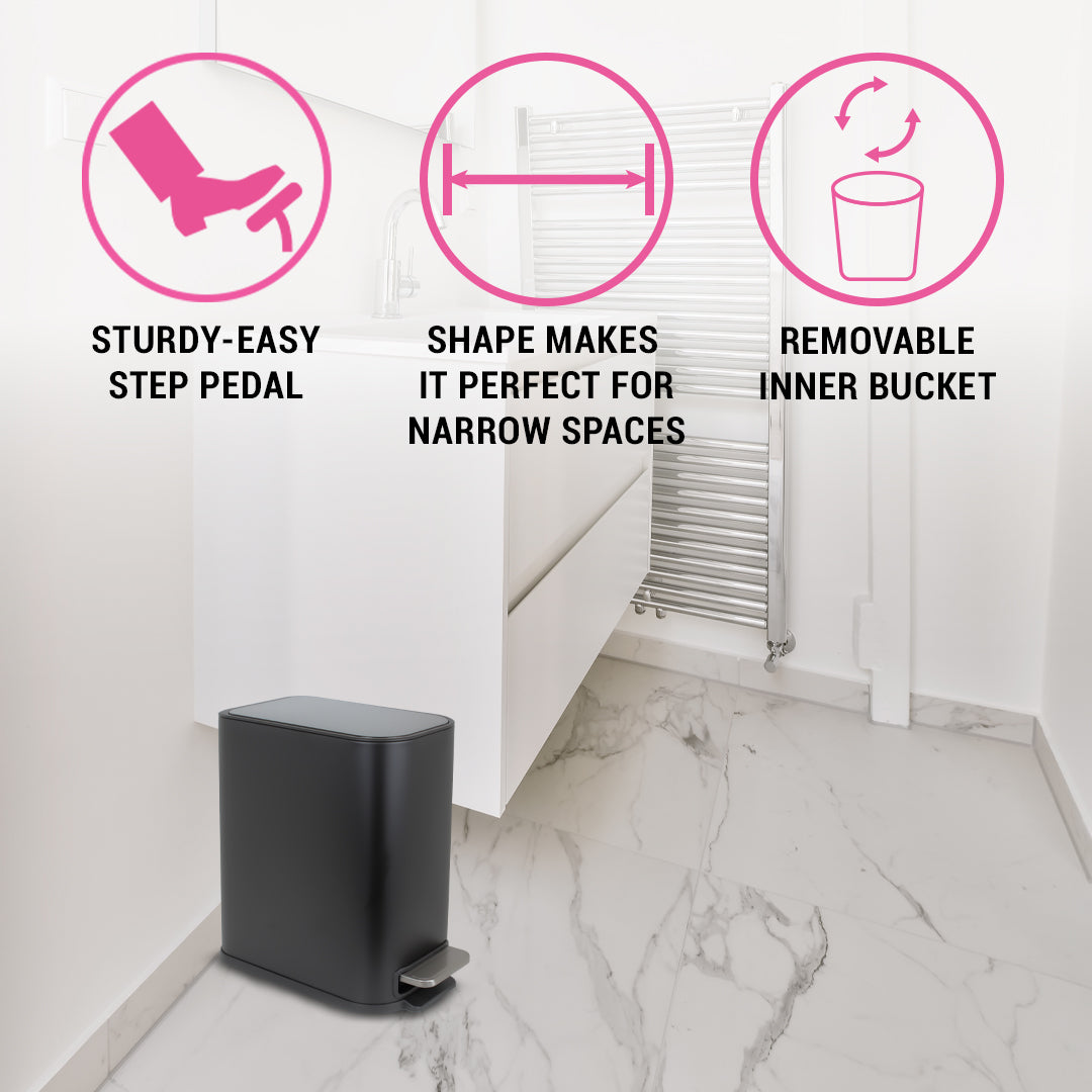 5 L Slimline Rectangle Steel Pedal Bin Matte Black Trento