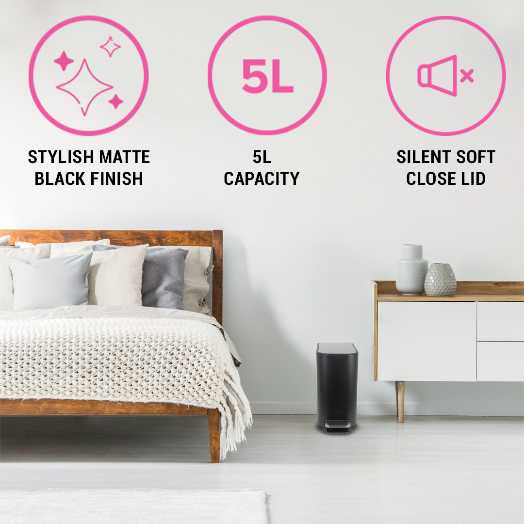 5 L Slimline Rectangle Steel Pedal Bin Matte Black Trento