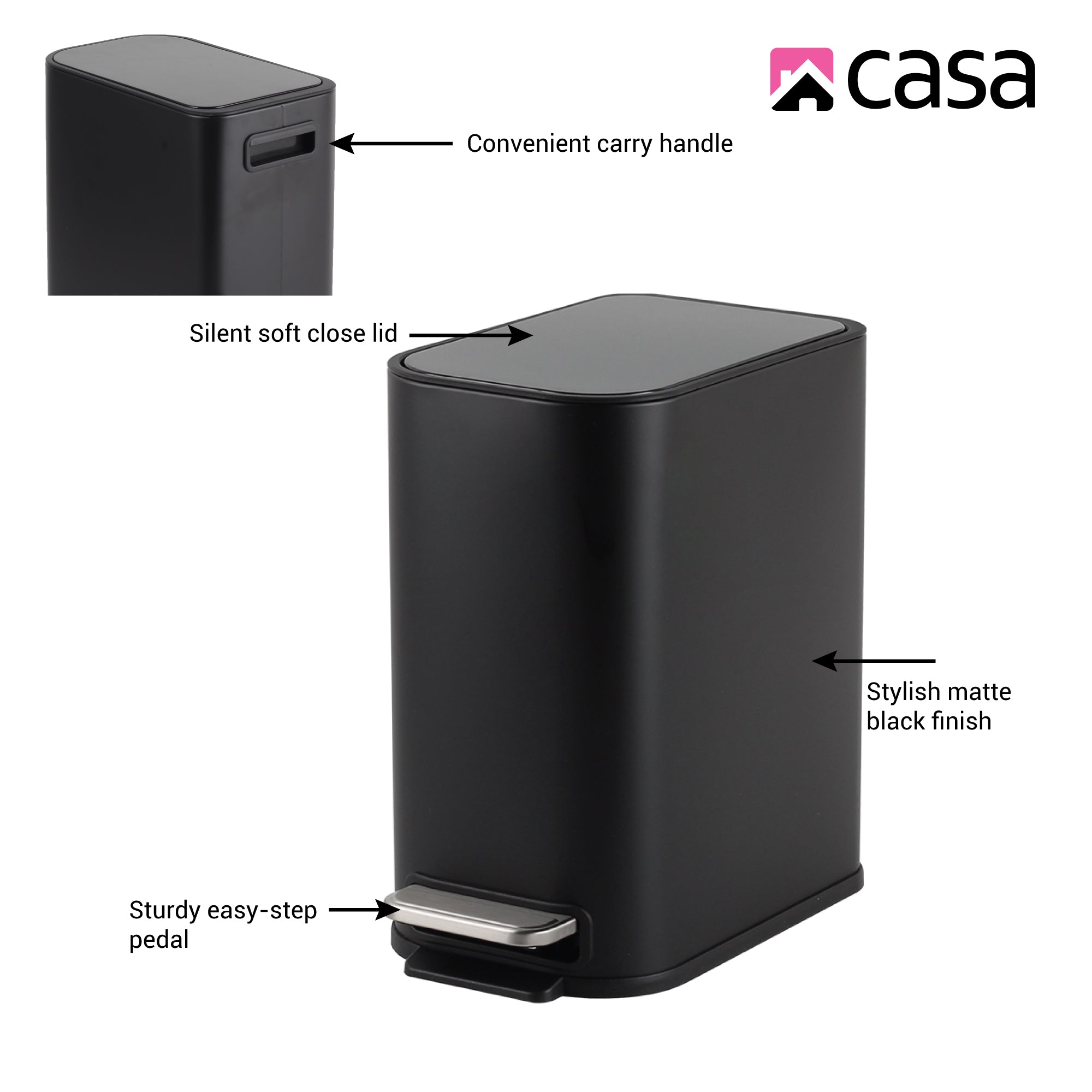 5 L Slimline Rectangle Steel Pedal Bin Matte Black Trento