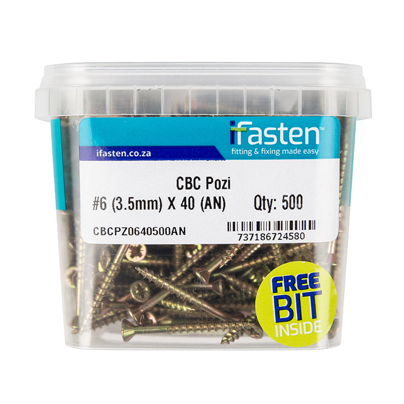 Ifasten Cbc Pozi No6 3.5 Mmx40 Mm 500 Pt + Bit