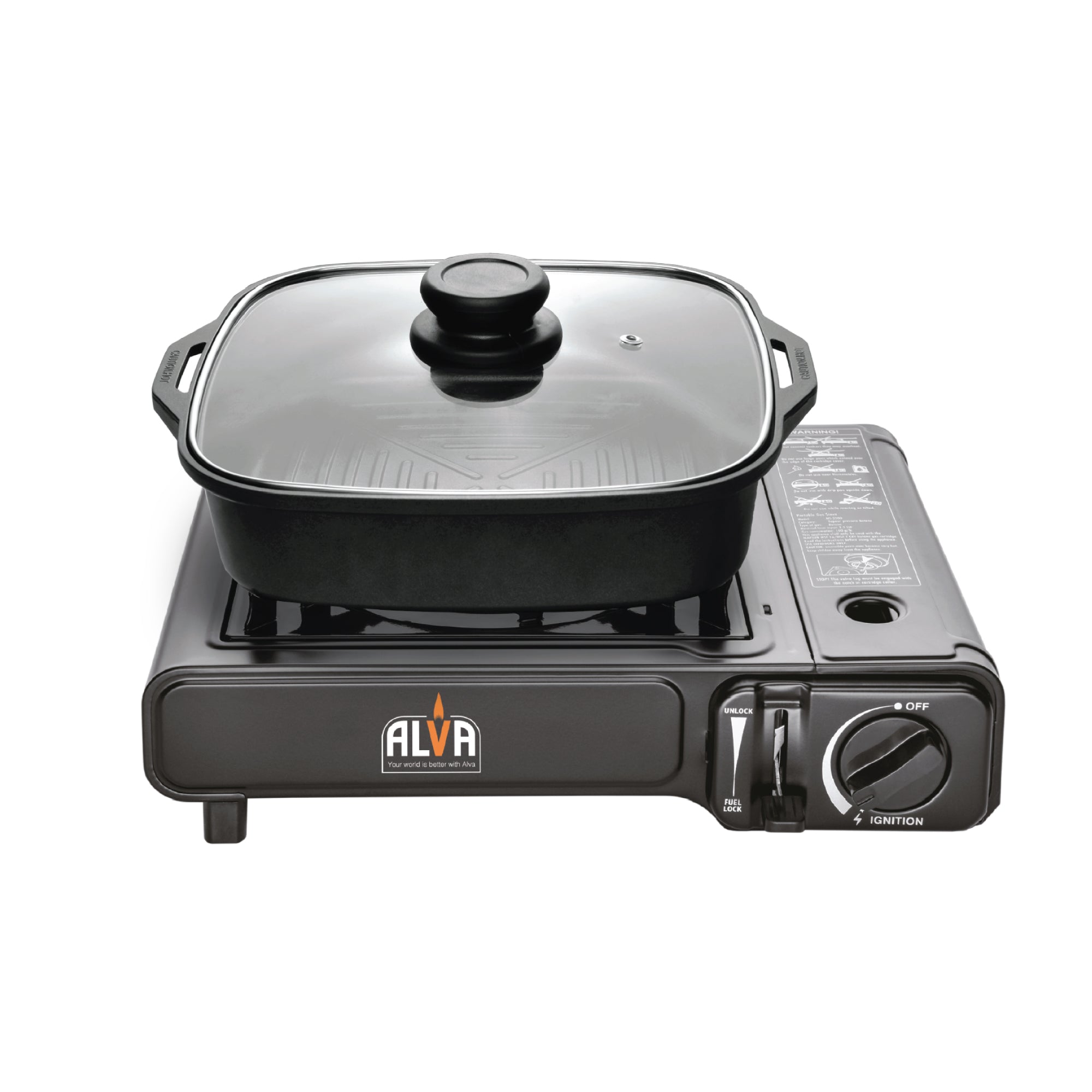 Single Burner Butane Gas Canister Stove + Cooking Pot & Lid 1 Plate