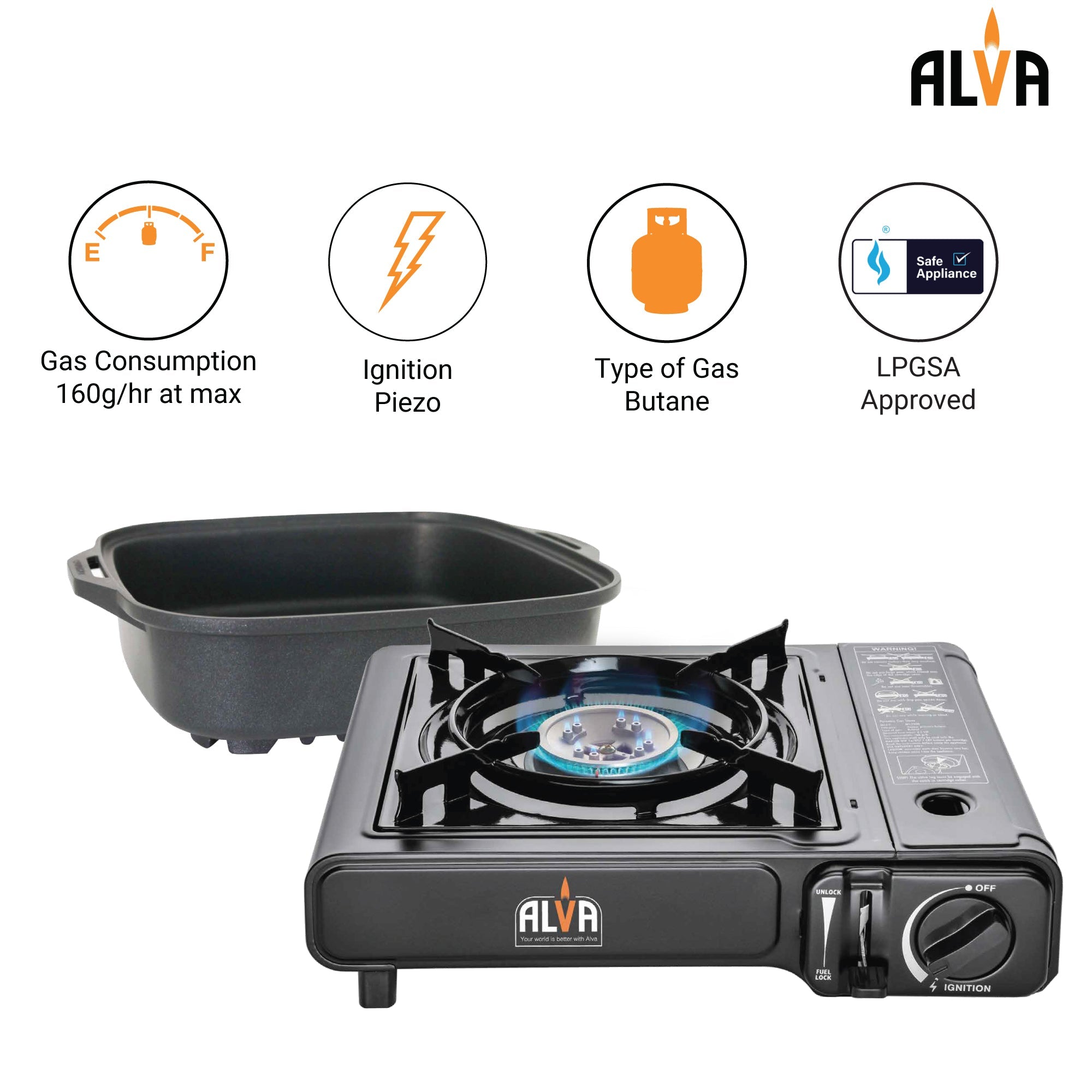 Single Burner Butane Gas Canister Stove + Cooking Pot & Lid 1 Plate