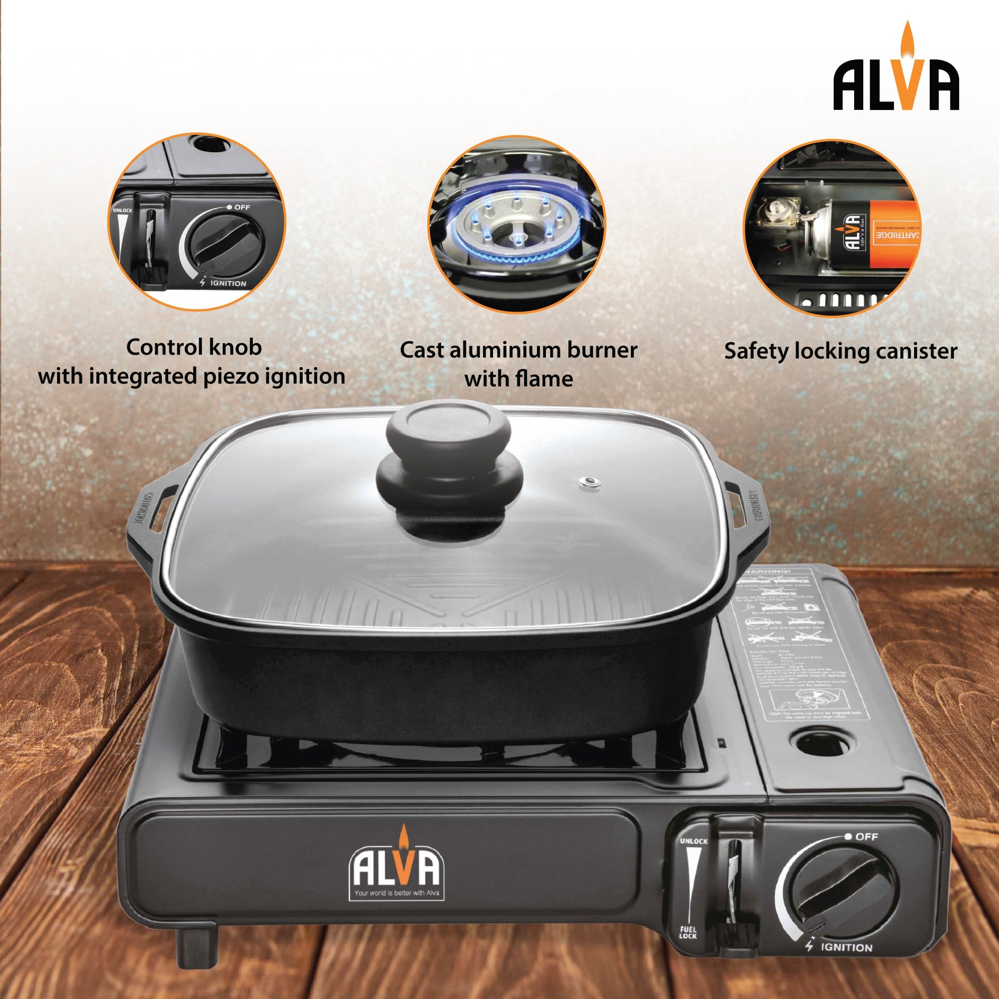 Single Burner Butane Gas Canister Stove + Cooking Pot & Lid 1 Plate