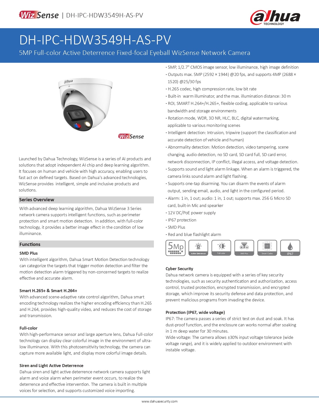 Dahua Dome 5MP 2.8MM  Lens 30M IR POE TIOC With Audio