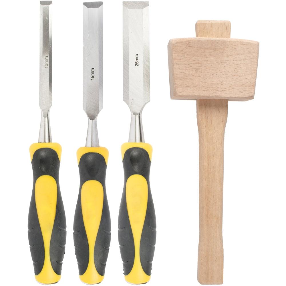 Chisel Set Wood 3 Piece Plus Wooden Mallet Blister - Livestainable.co.za