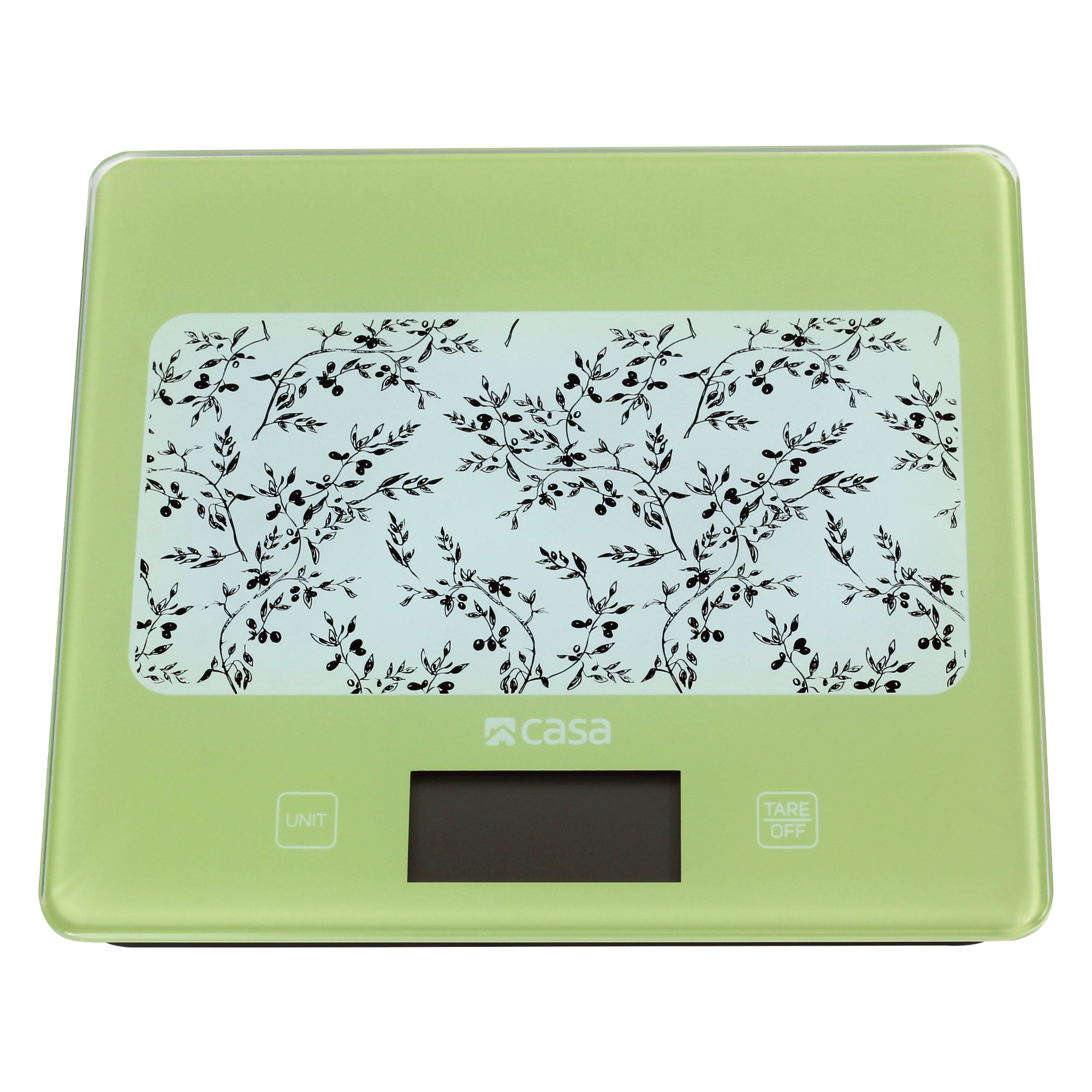 Green digital kitchen scale with floral design on a gray background