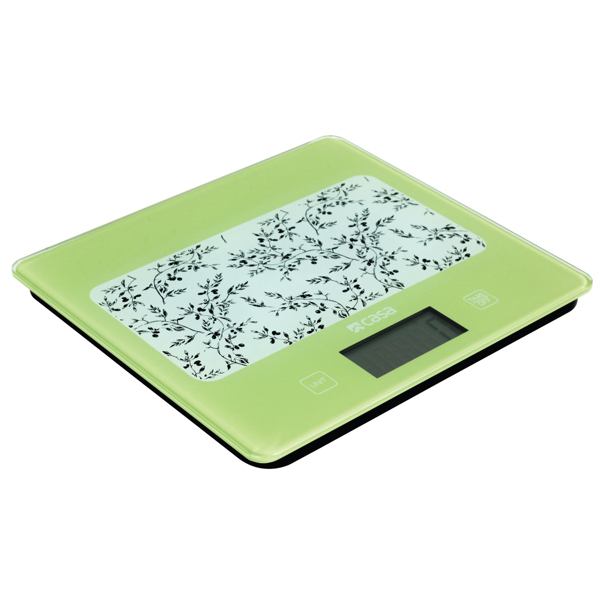 Green digital kitchen scale with floral design on a gray background