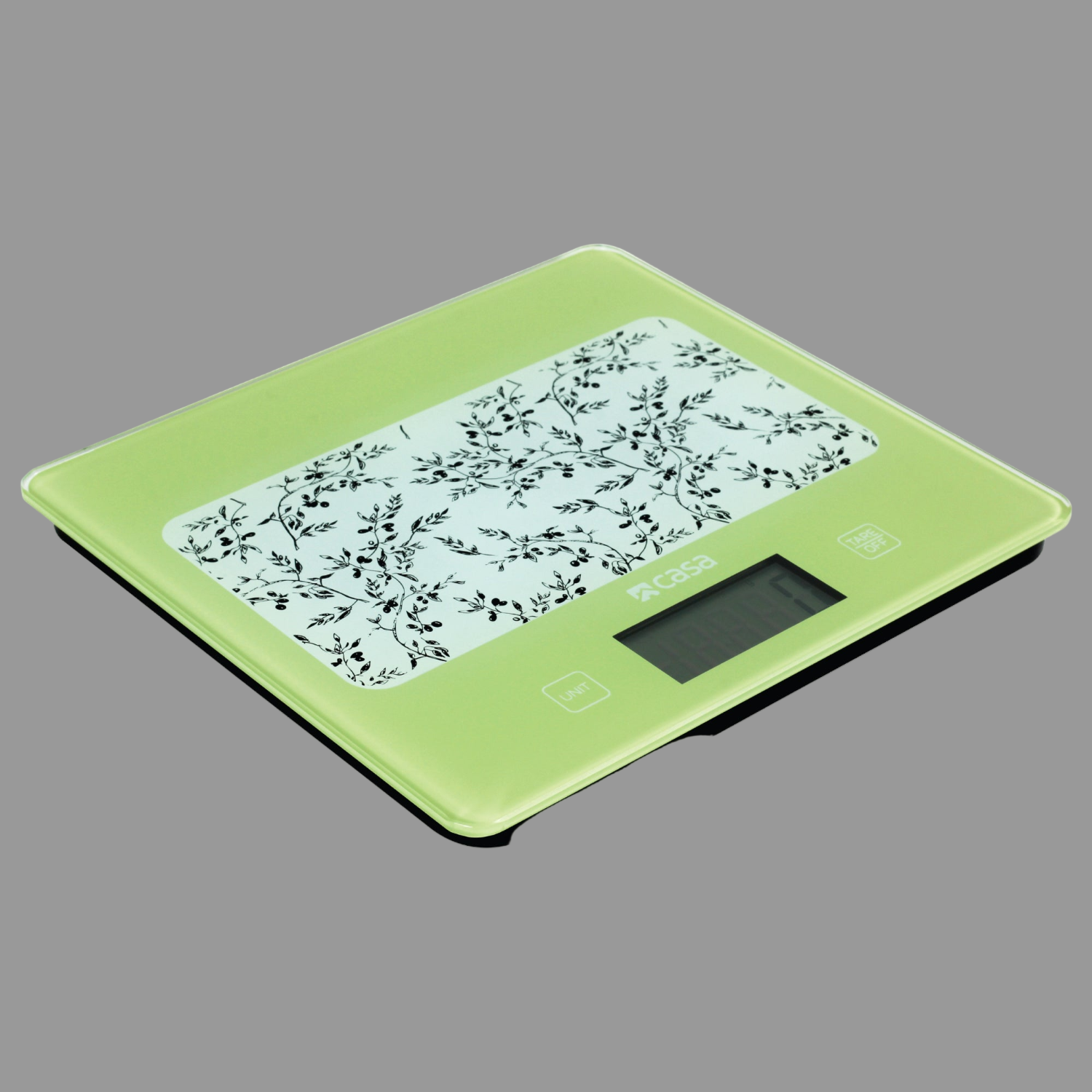 Green digital kitchen scale with floral design on a gray background