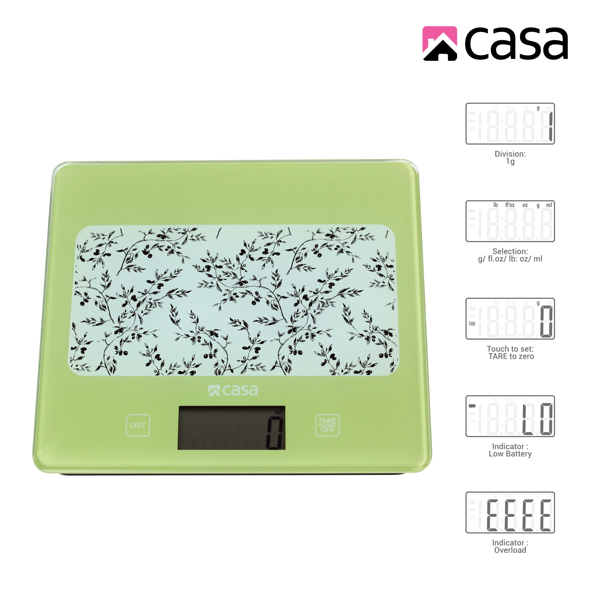 Green digital kitchen scale with floral design on a gray background