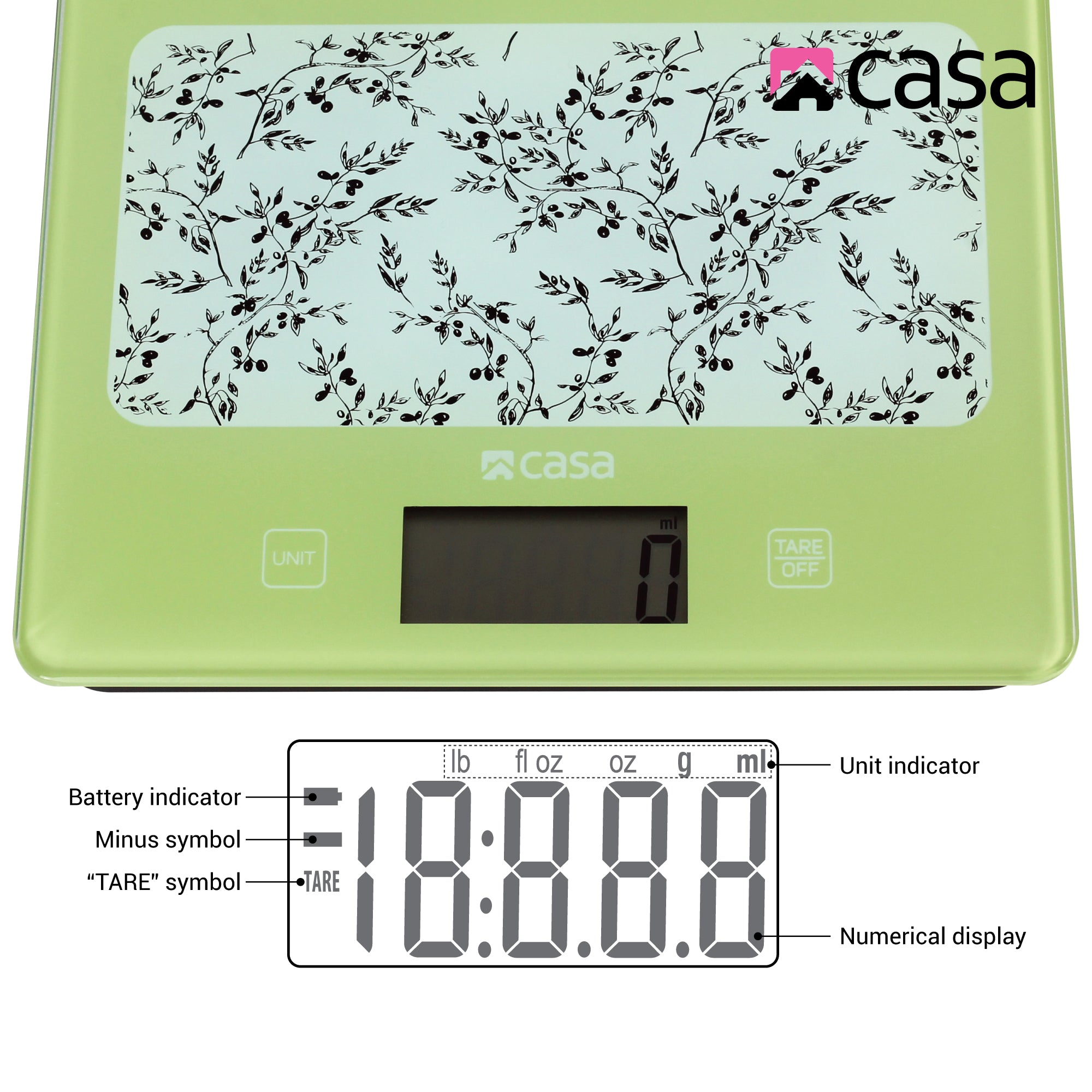 Green digital kitchen scale with floral design on a gray background