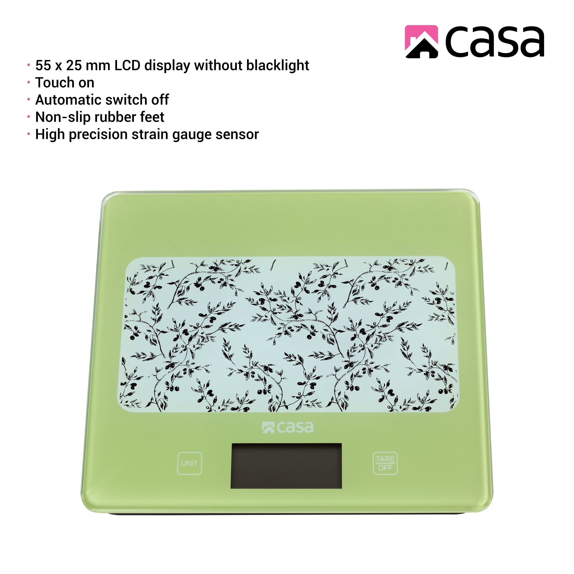 Green digital kitchen scale with floral design on a gray background