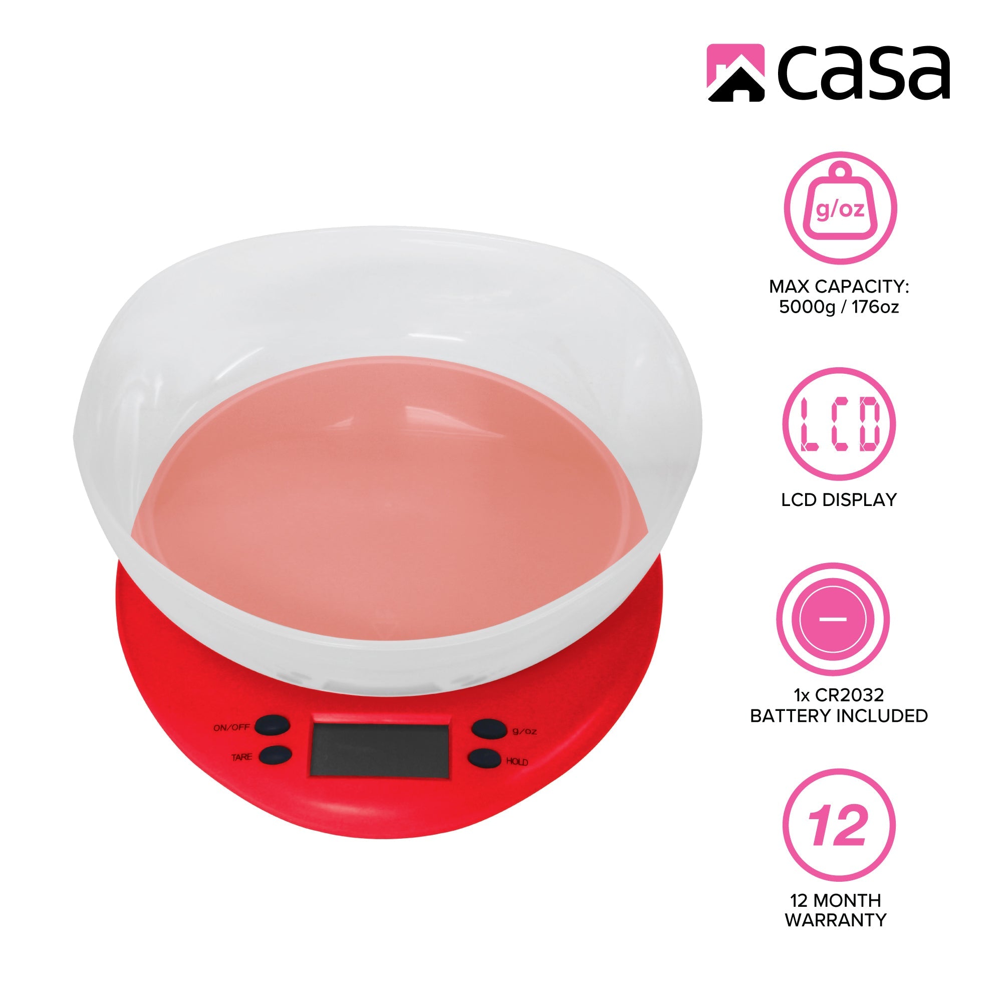 Kitchen Digital Scale Red With Clear Plastic Bowl