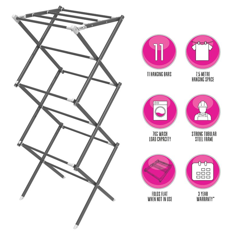 3 Tier Clothes Drying Stand | Metal | 7.5m Space | Foldable & Expandable | Grey