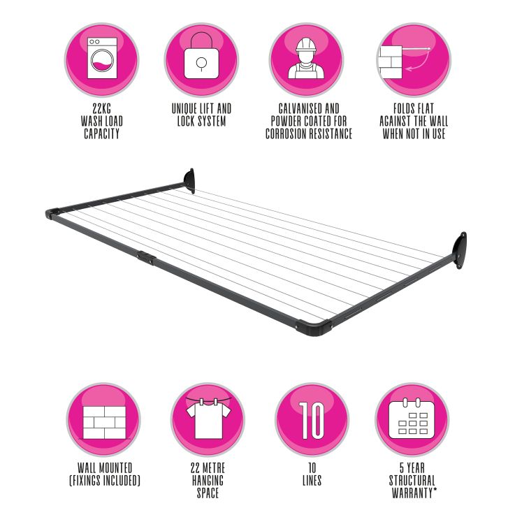 10 Line Twin Fold Down Wall Mounted Clothesline 21 M