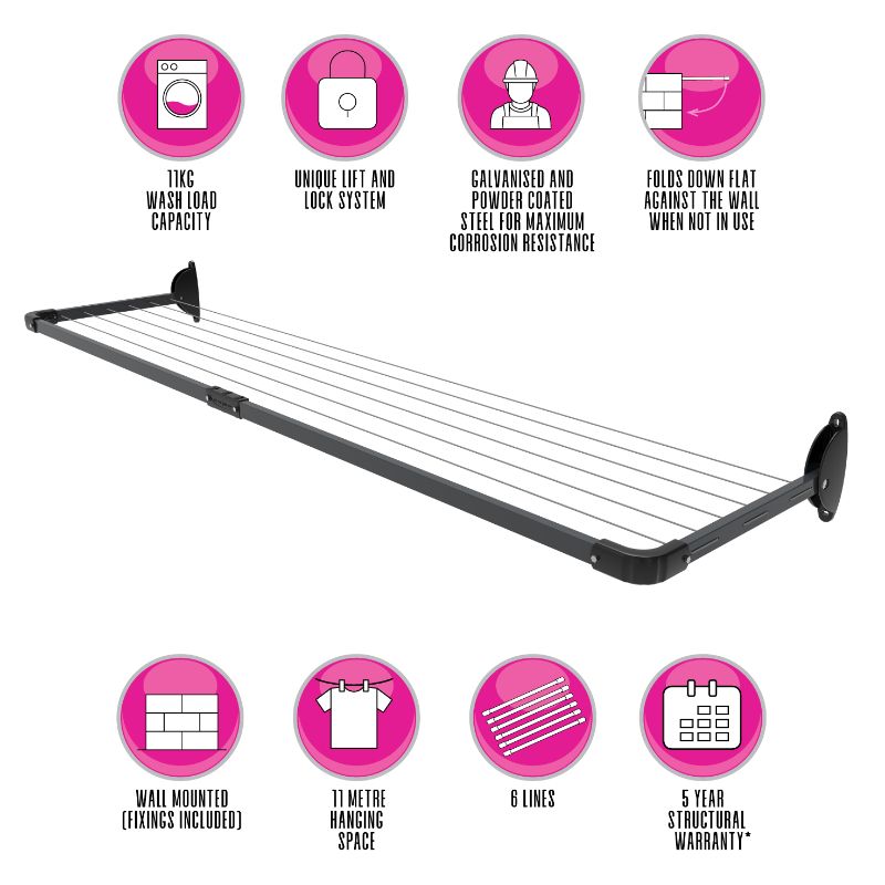 5 Line Slim Fold Down Wall Mounted Clothesline 11 M