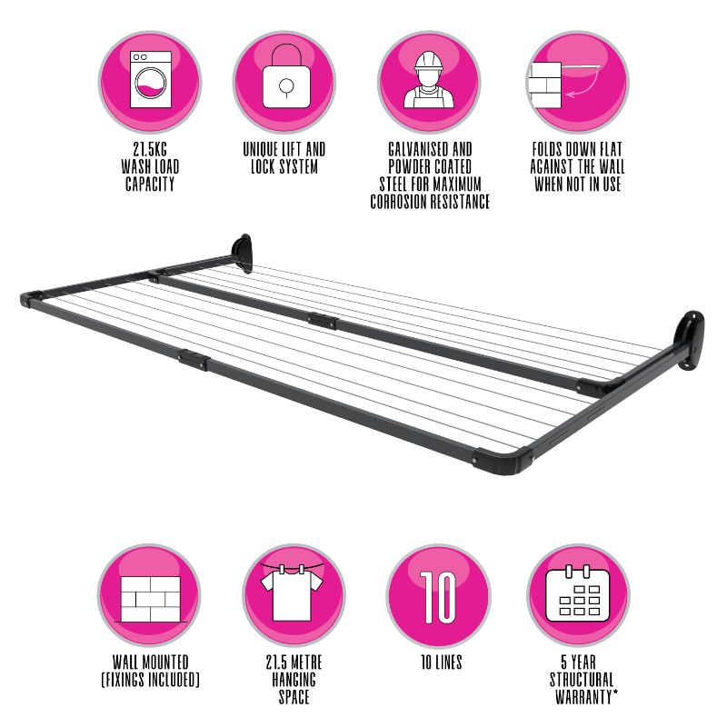 10 Line Twin Fold Down Wall Mounted Clothesline 21 M