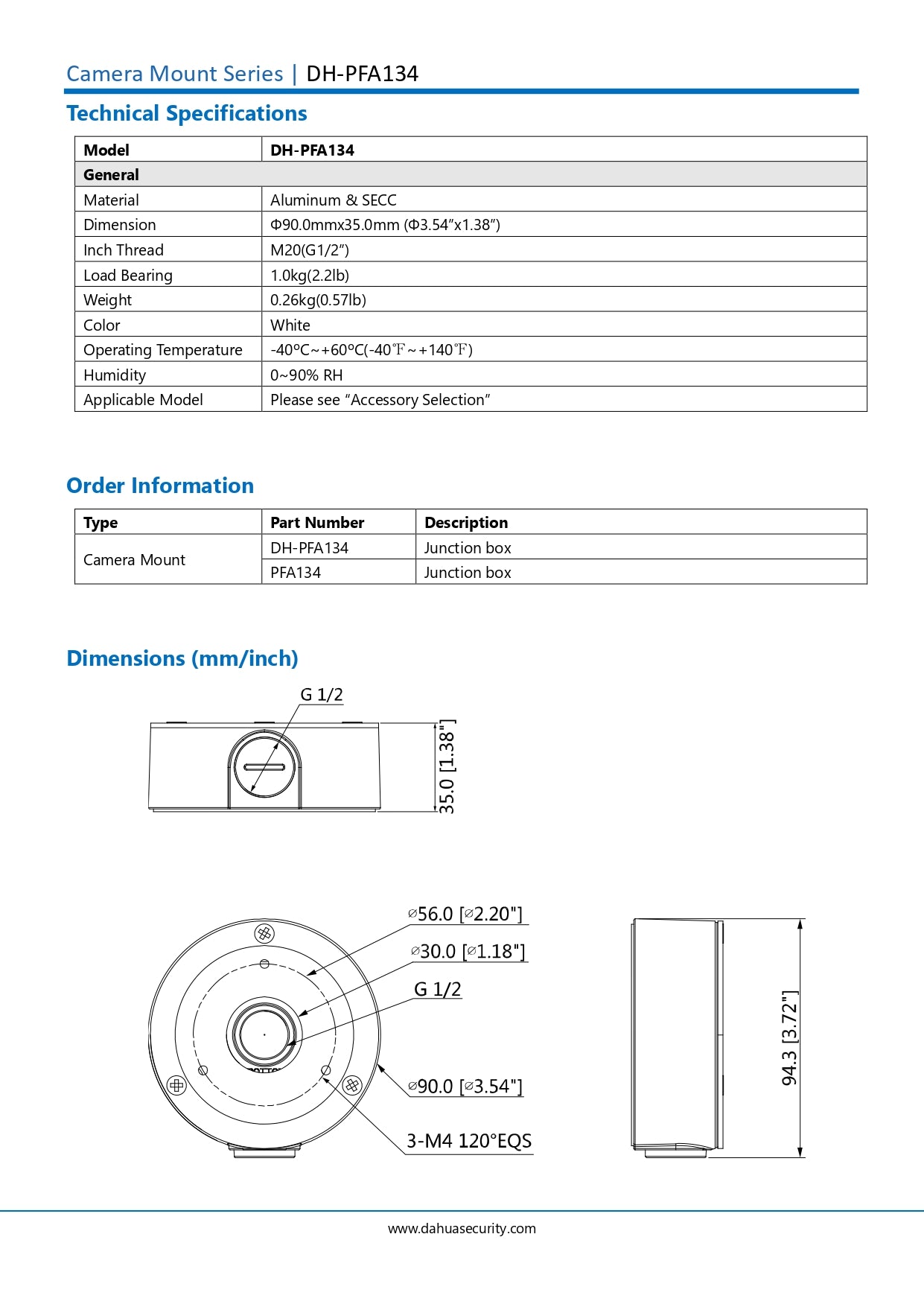 Dahua 122MM Junction Box For Dome Camera