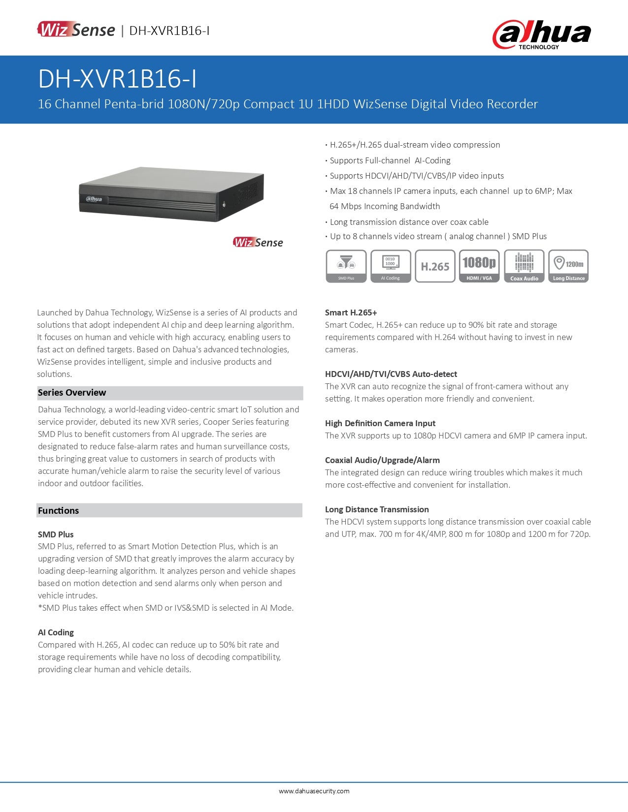 Dahua 16 CH 5 IN 1 DVR 720P 1SATA SLOT EXCL HDD Cooper