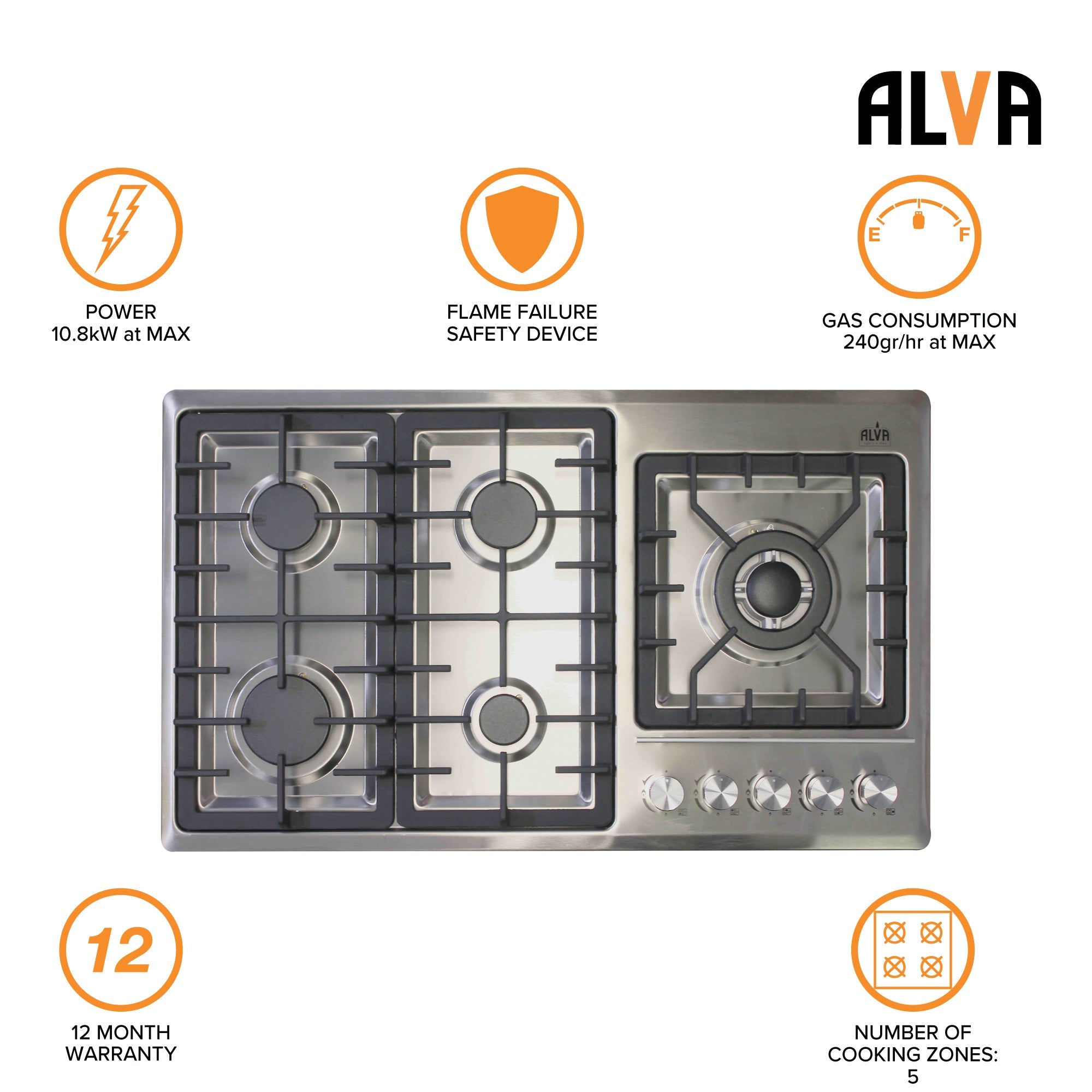 90cm 5 Burner Gas Hob Stainless Steel