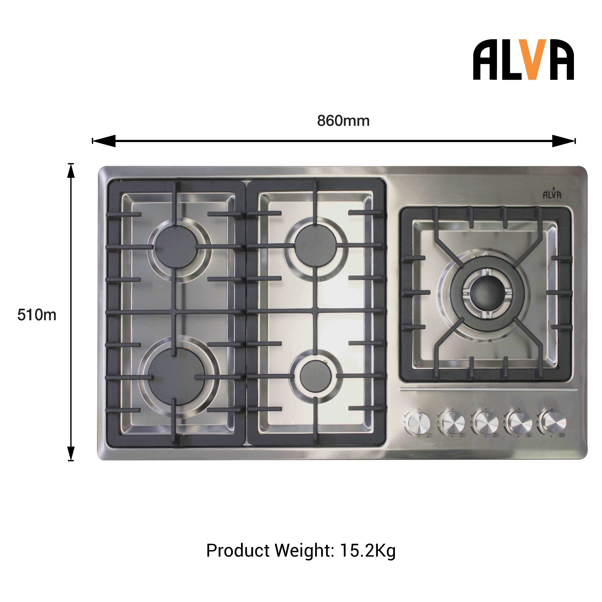 90cm 5 Burner Gas Hob Stainless Steel