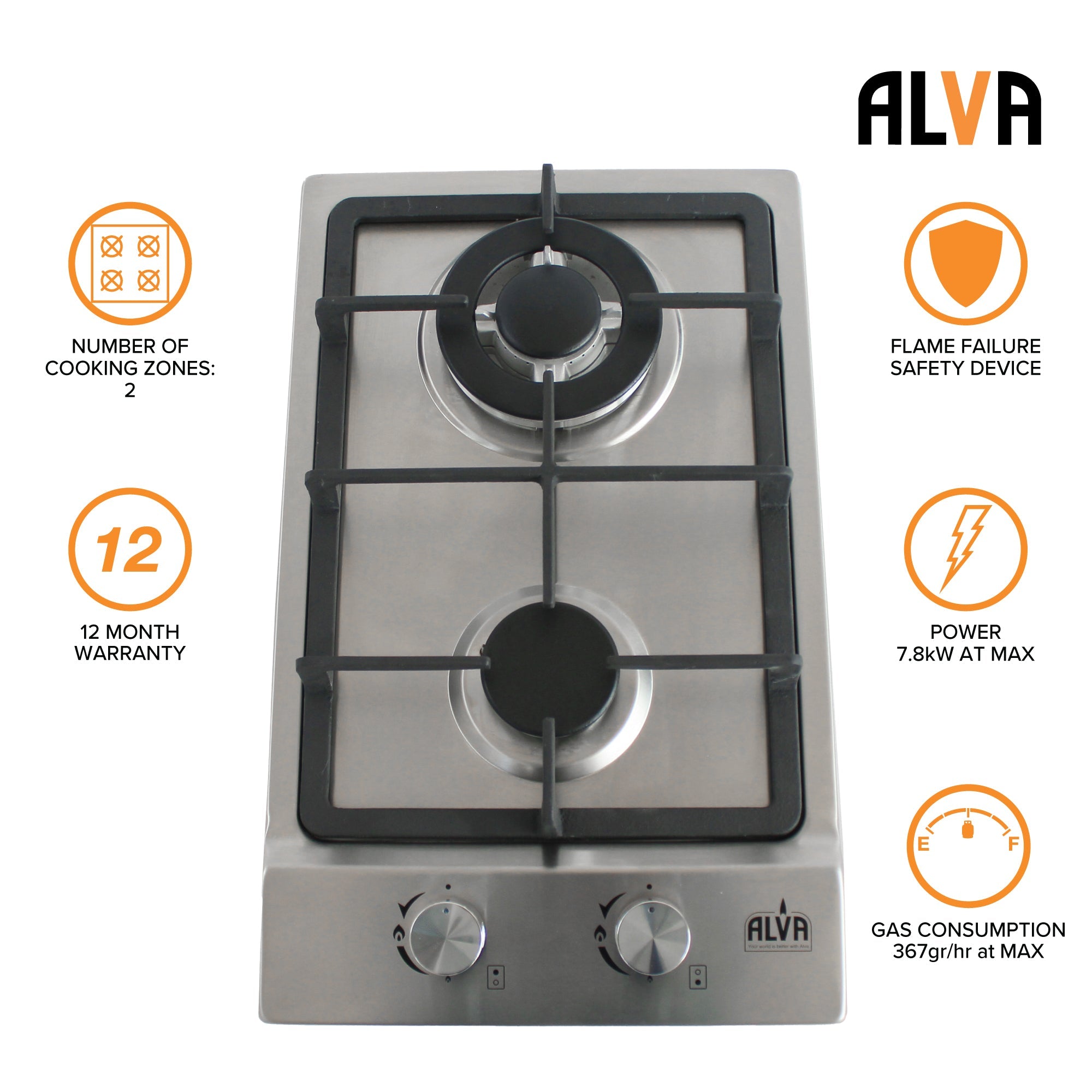 30cm 2 Burner Gas Hob Stainless Steel