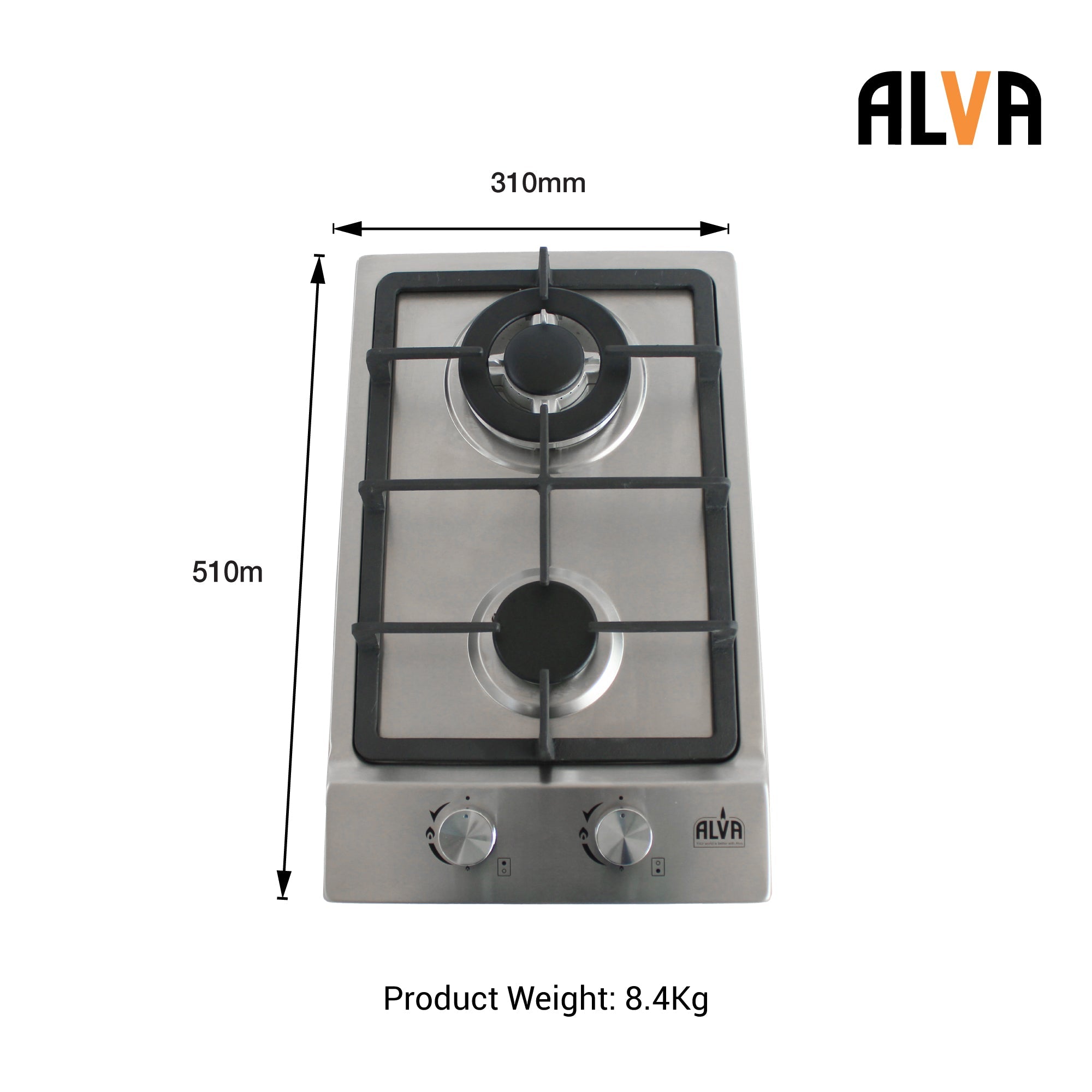 30cm 2 Burner Gas Hob Stainless Steel