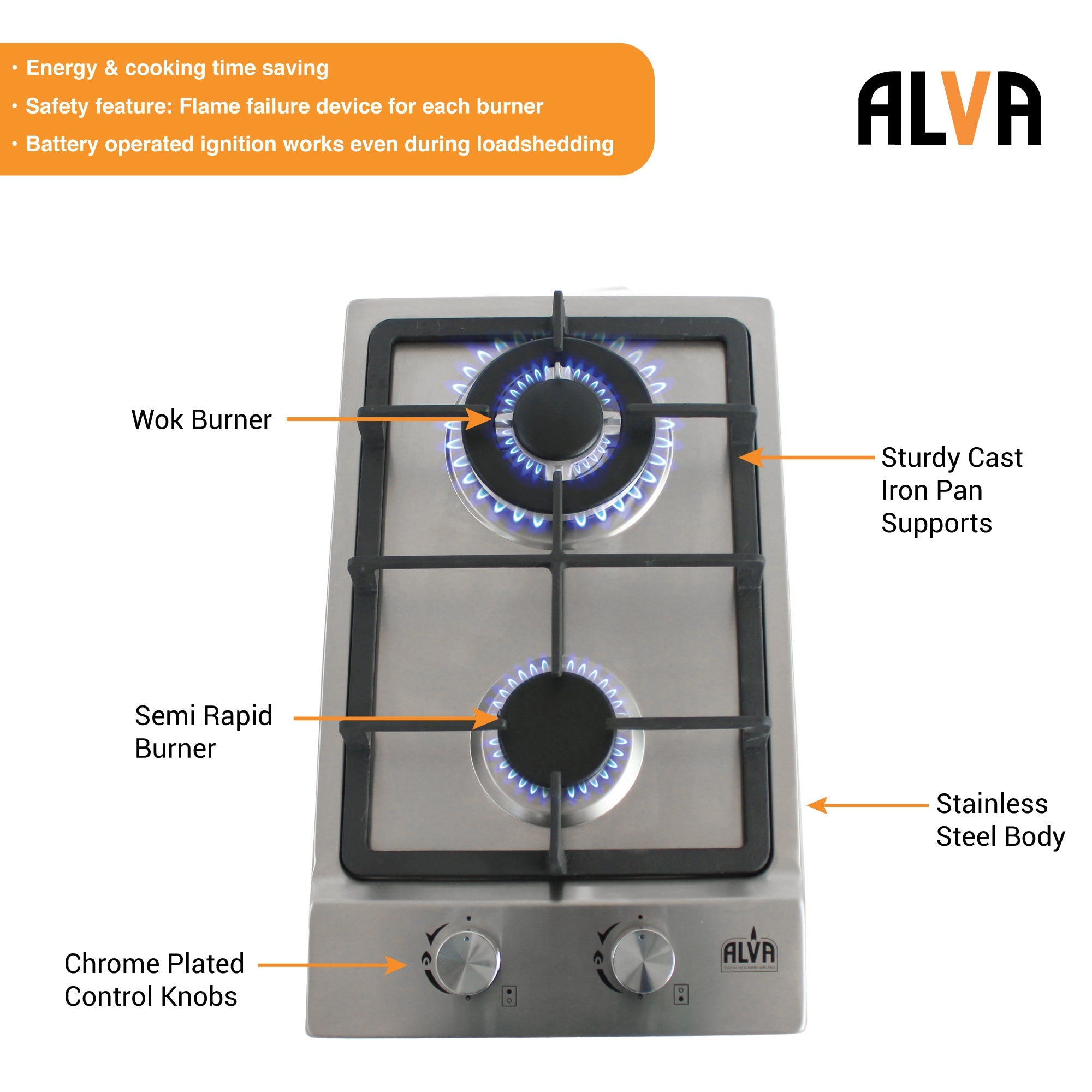 30cm 2 Burner Gas Hob Stainless Steel